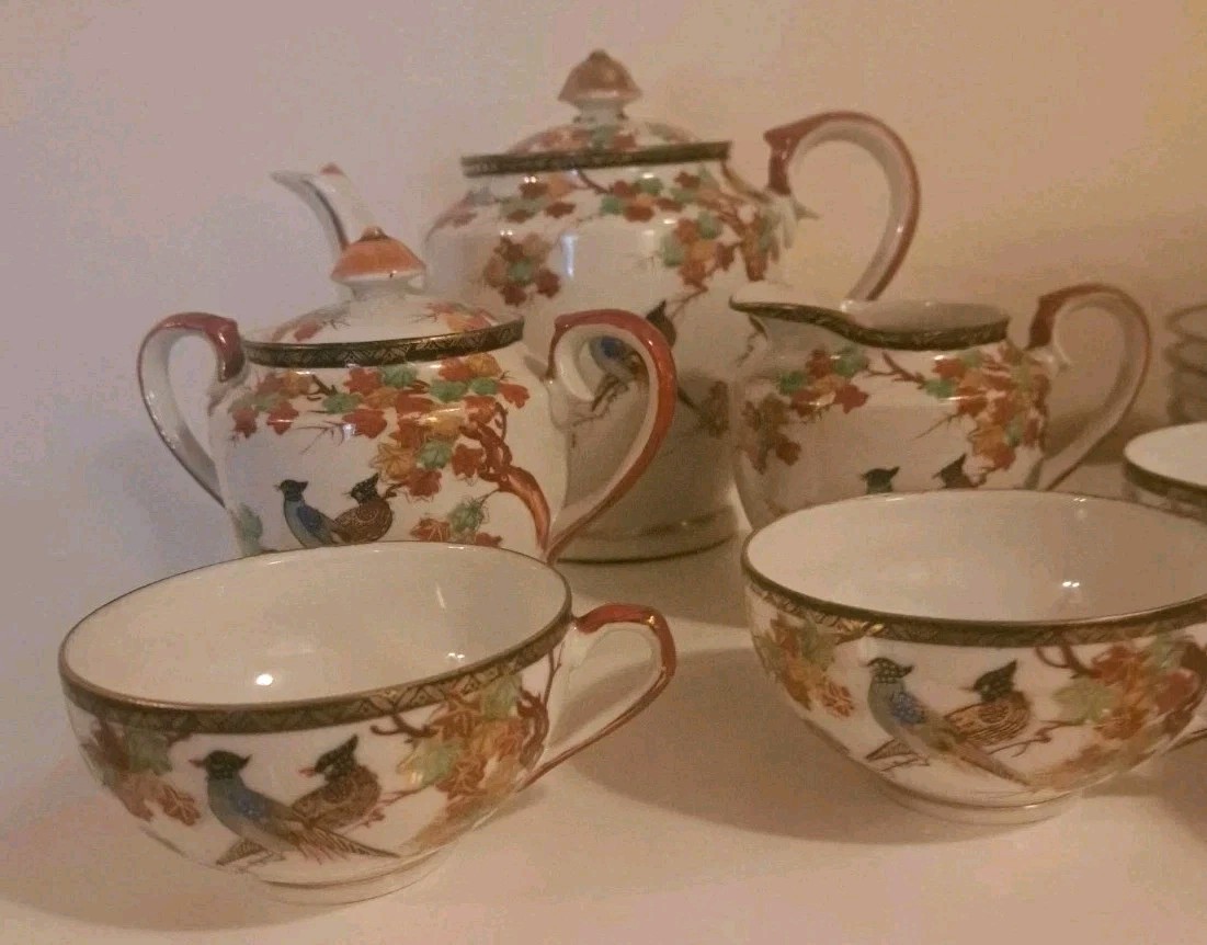  Vtg KUTANI Handpainted Maple Leaf/Bird Pattern Lithopane Complete 21 Pc TEA SET