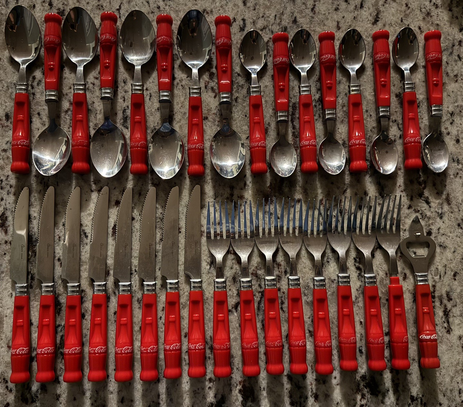 Vintage Coca-Cola Gibson Flatware Set. 32 pieces plus bottle opener & caddy. Vintage Coca-Cola Gibson Flatware Set. 32 pieces plus bottle opener & caddy.