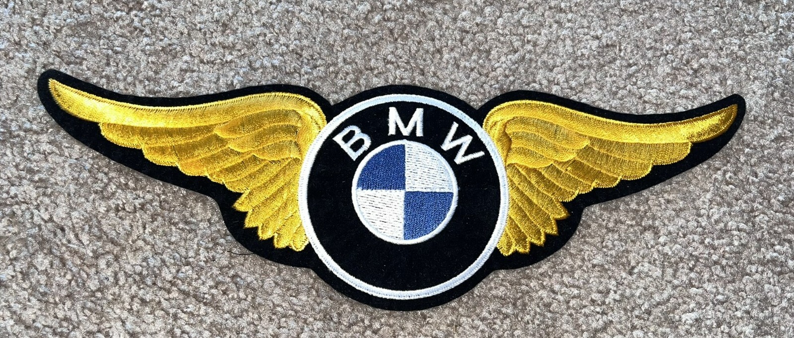 Vintage BMW Motorcycle Gold Wings Blue White Black Logo Patch NOS Unused 11.5 In Vintage BMW Motorcycle Gold Wings Blue White Black Logo Patch NOS Unused 11.5 In