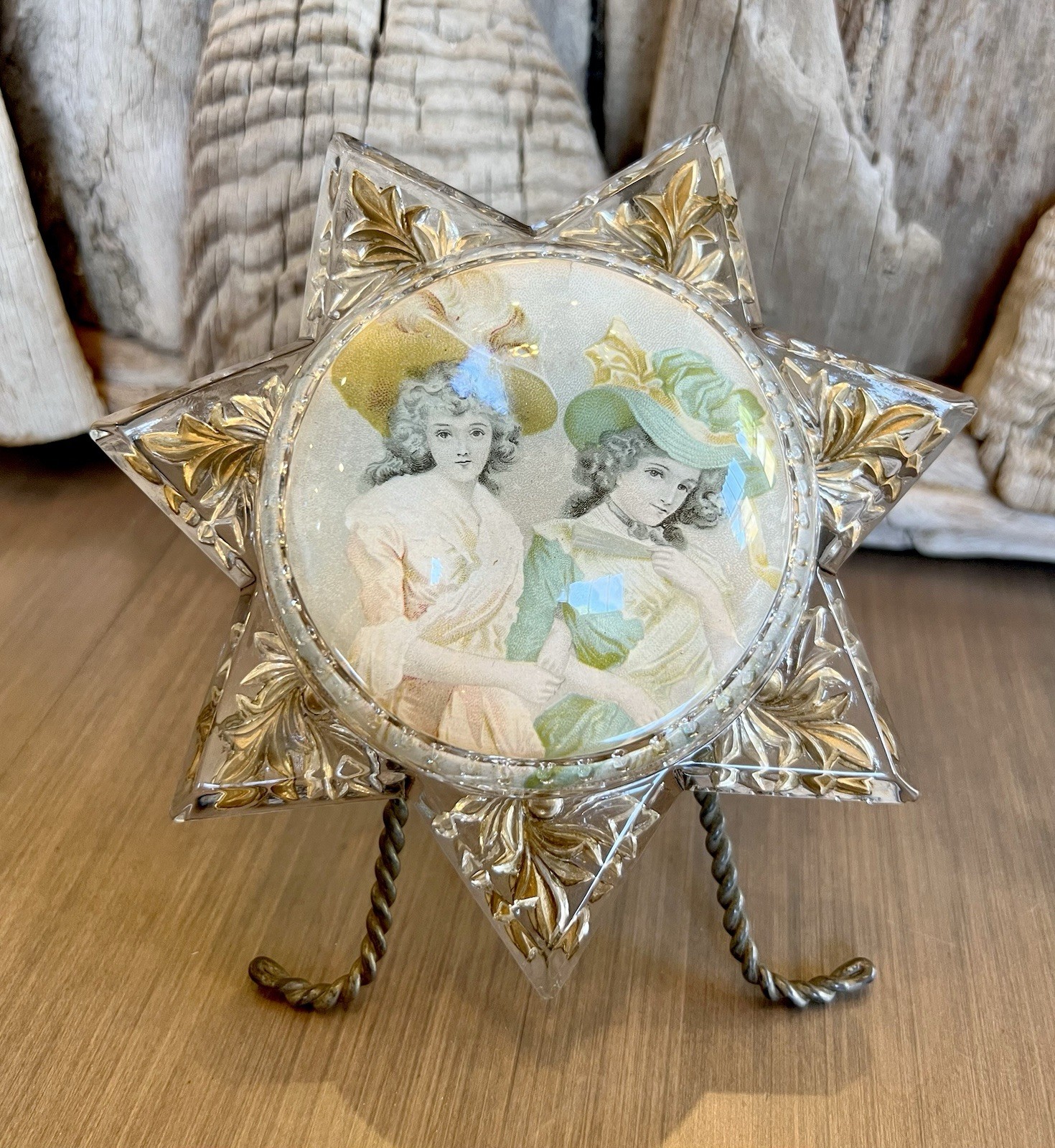 Antique Victorian Mourning Star Photo Frame Goofus Glass Magnifier w/ Easel