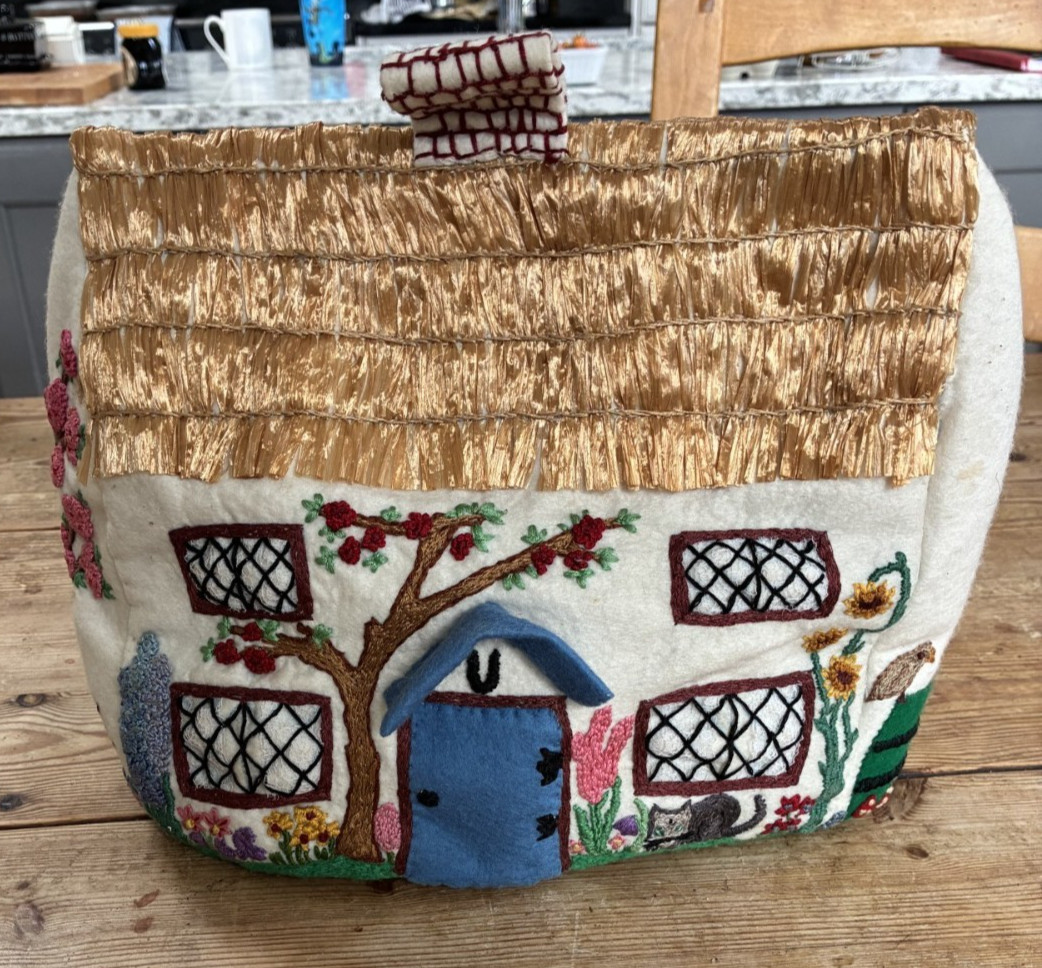 Vintage TEA COSY hand embroidered, Cottage, double sided