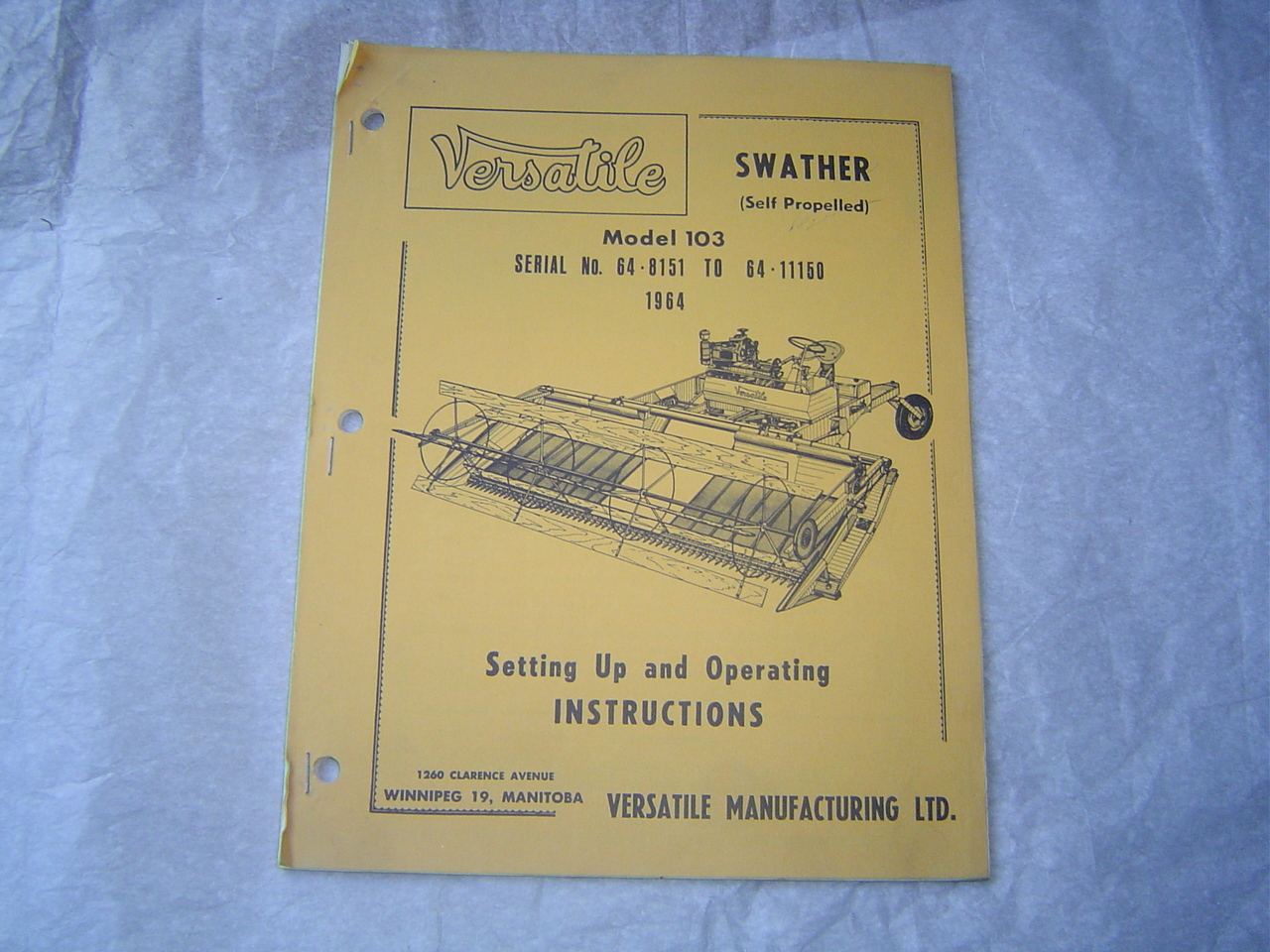1964 Versatile 103 self propelled swather set-up operator\'s instruction manual 