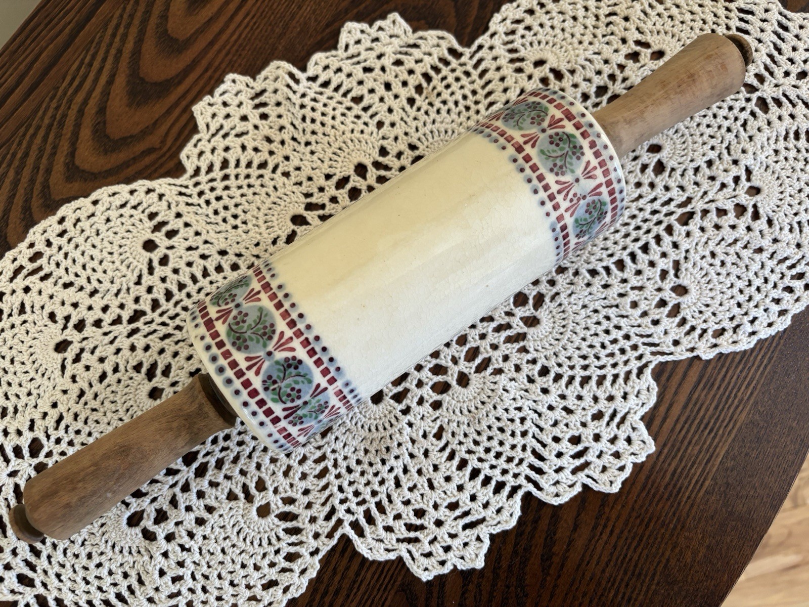 Antique Or Vintage Ceramic Stoneware Glazed Kitchen Rolling Pin, Wooden Handles