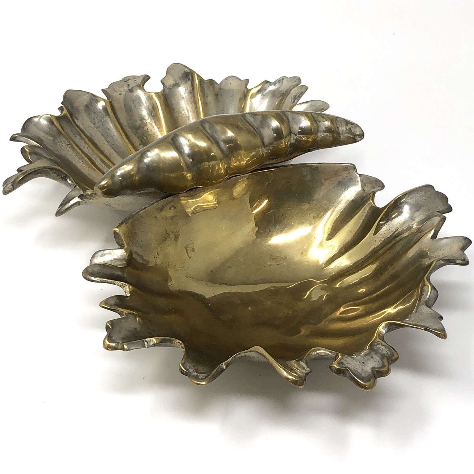 Vtg 1969 Silverplate Seashell Freeform Double Candy Dish Handle Gold Interior