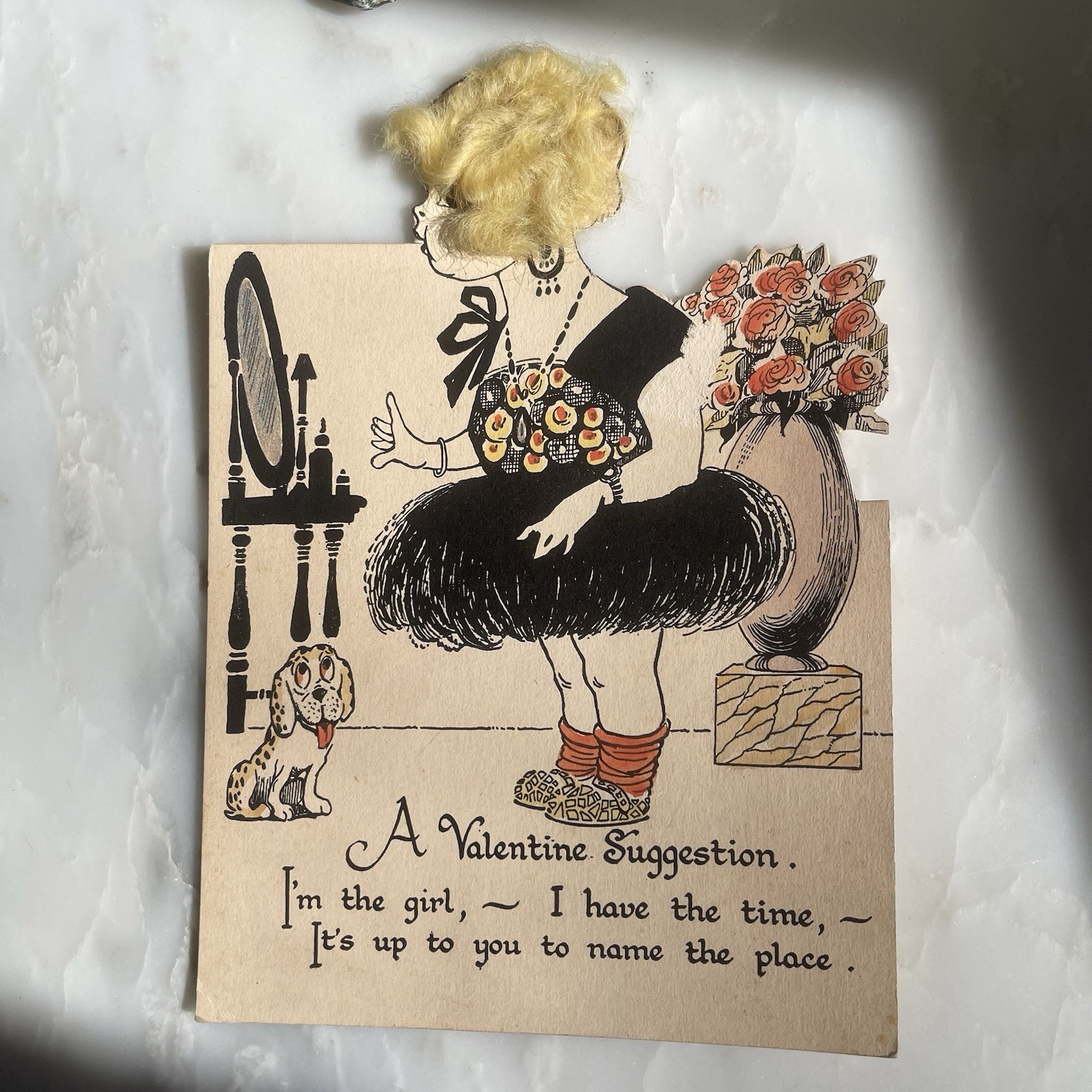 1920s Large Die Cut Valentine Flapper Applied Blonde Hair Dress Mirror Dog 5 X 7