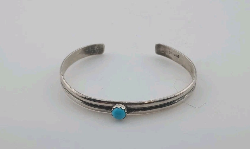 Vintage Navajo Sterling Silver Single Stone Turquoise Cuff Bracelet-Signed J.S.