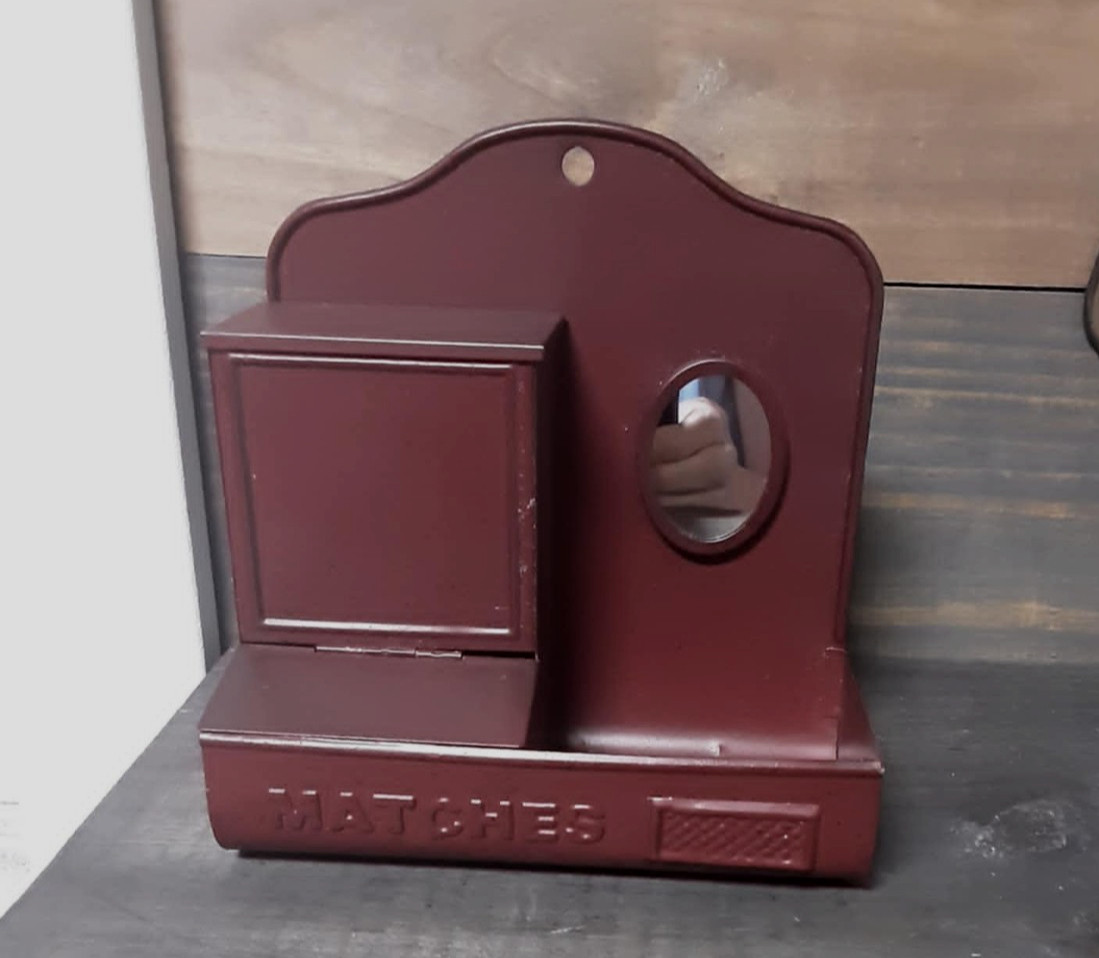 Vintage Burgundy Tin Wall Hanging Match Holder Spent Match Area Small Mirror