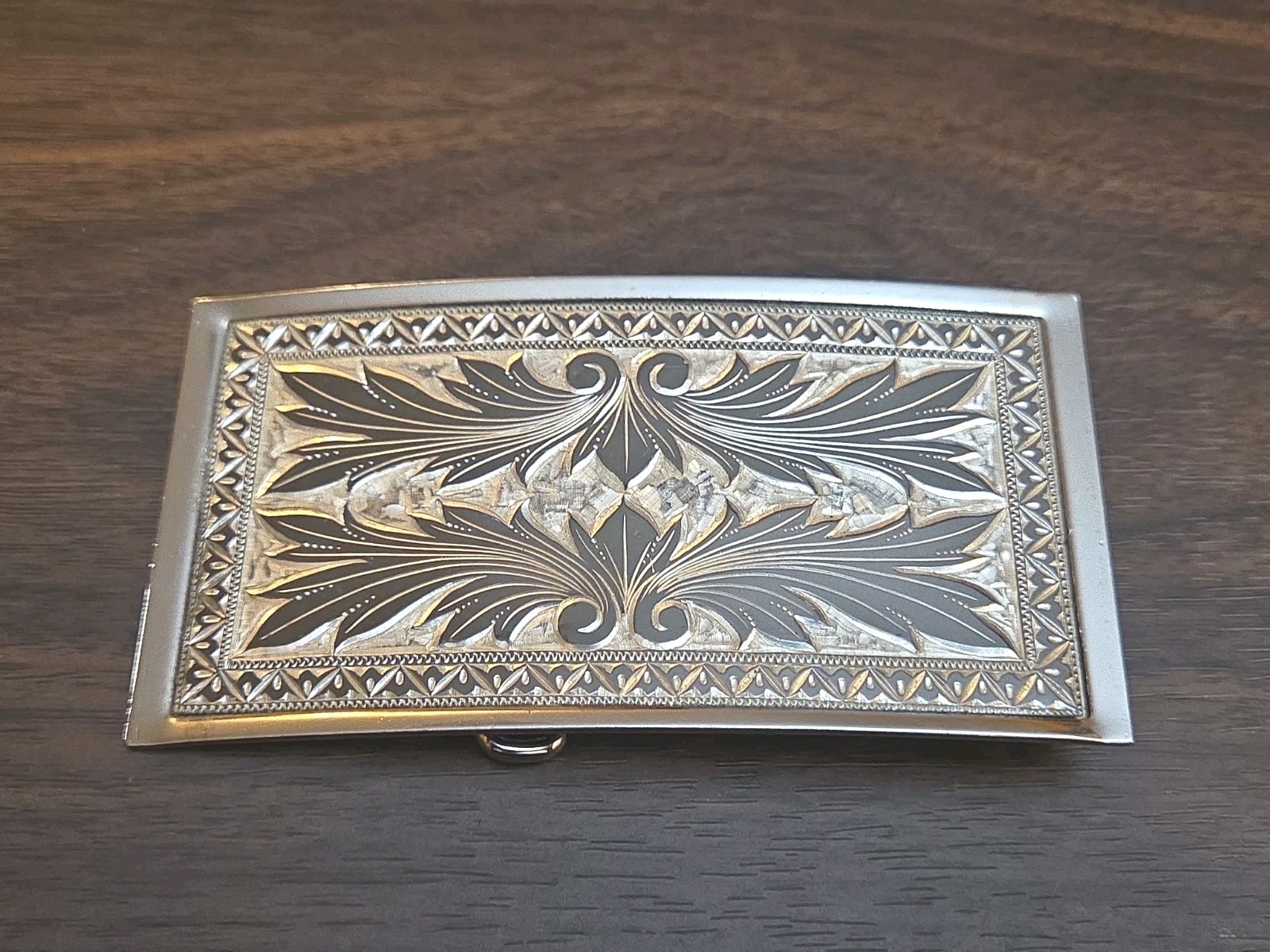 Vintage Etched Tooled Silverplate Western Style Belt Buckle 1970s 