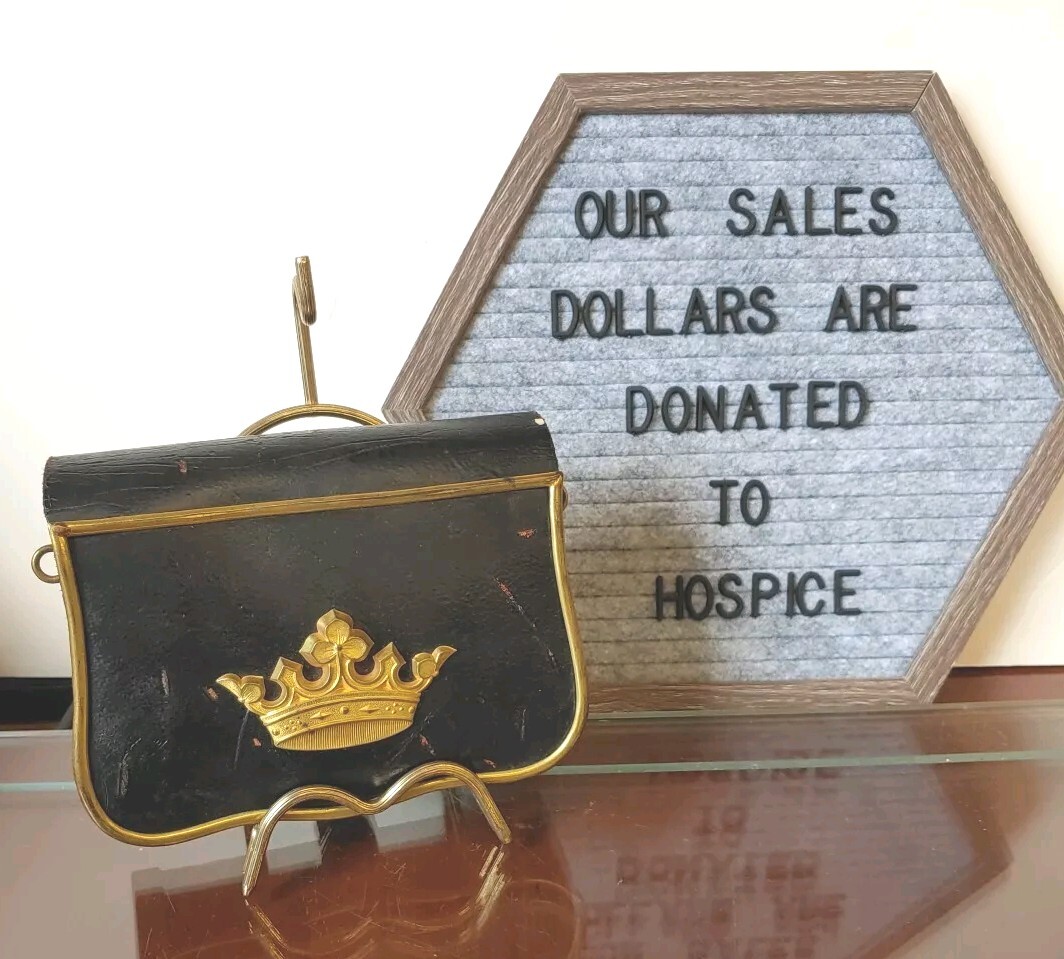 1800s French Napoleonic Brass / Leather / Wood Crown Ammunition Pouch Case 