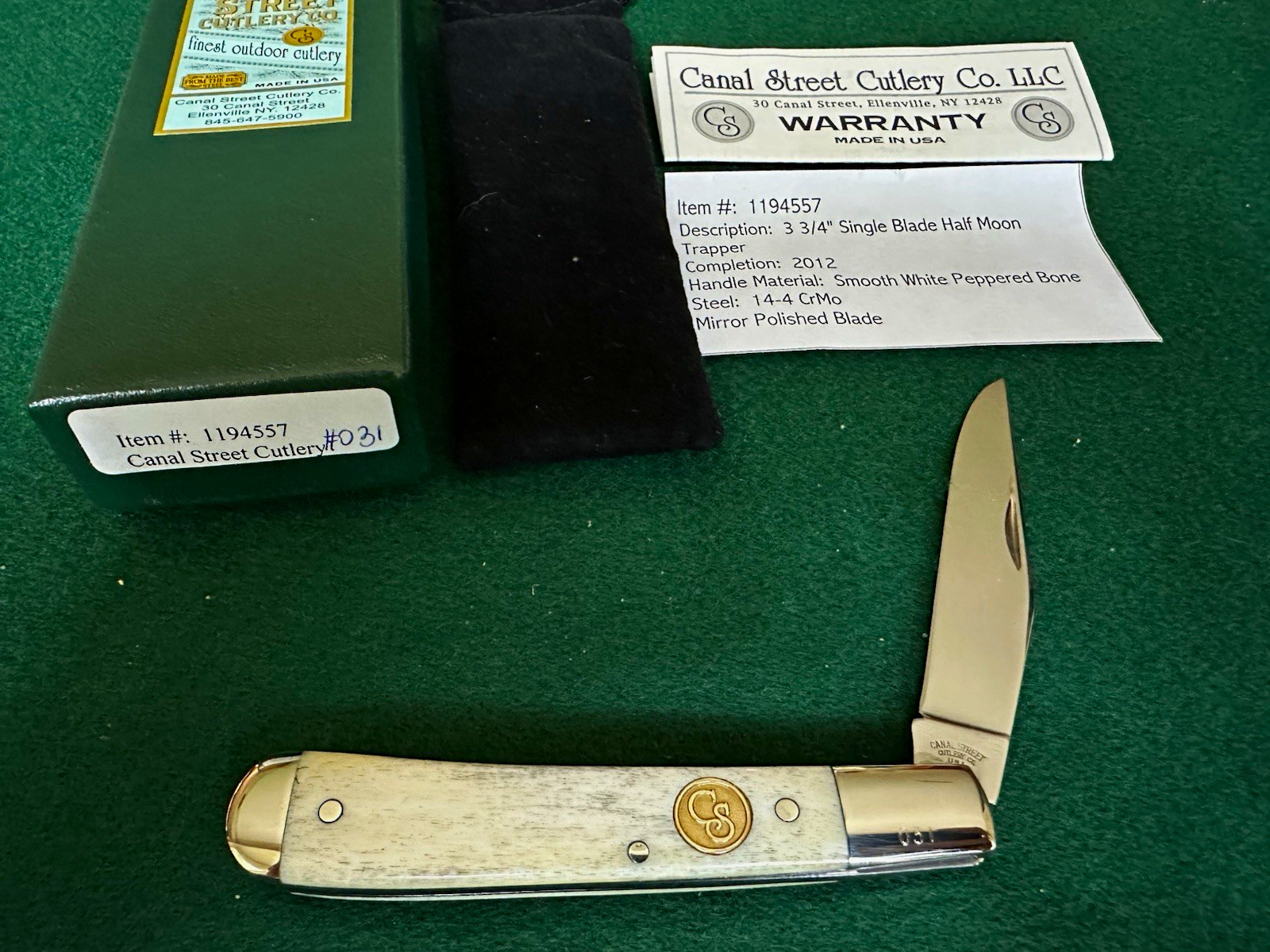 Canal Street Cutlery Half Moon Trapper 2012 Smooth White Peppered Bone #031