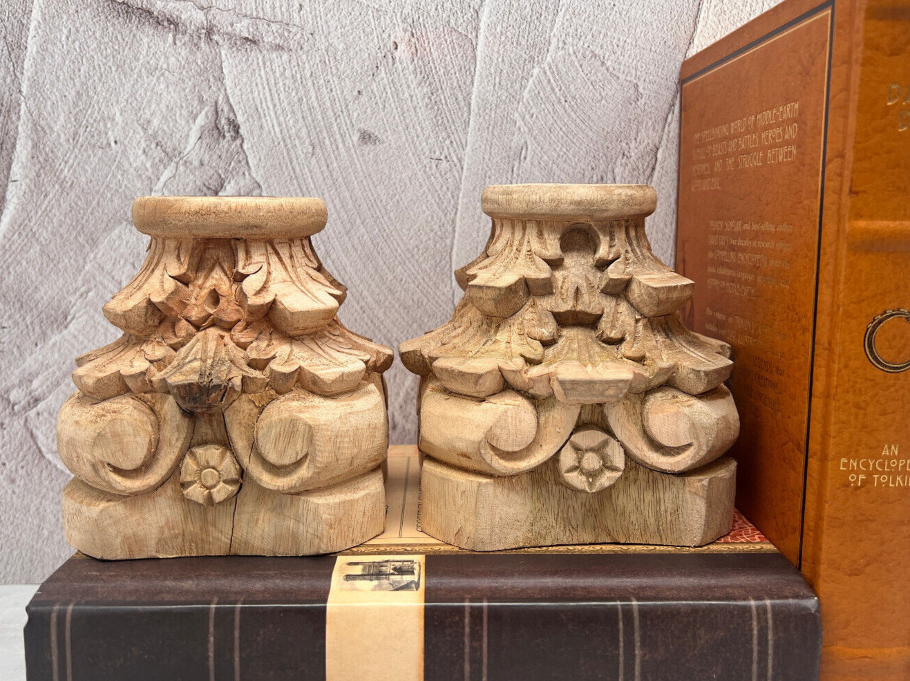 Pair - Large Rustic Wood Carved Acanthus Leaf Candle Candlestick Holders 4