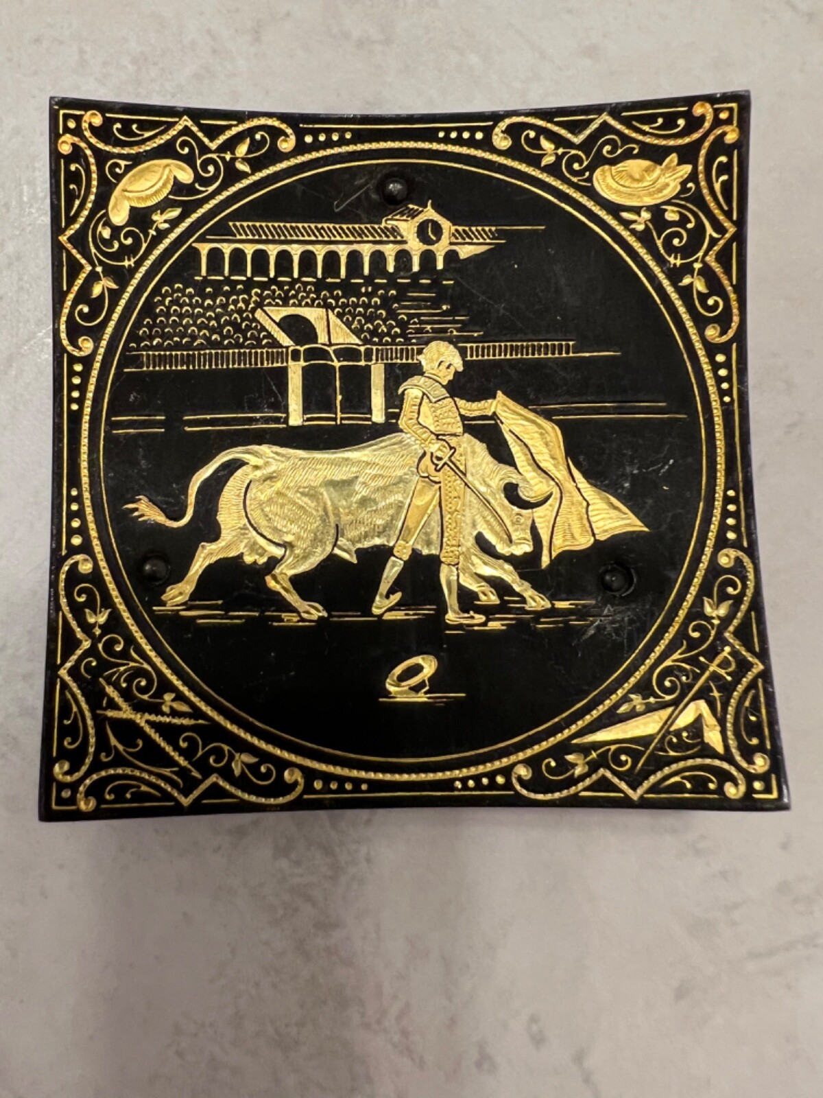 Vintage Bullfighter Damascene Toledo Ware Small Footed Trinket Dish Black & Gold