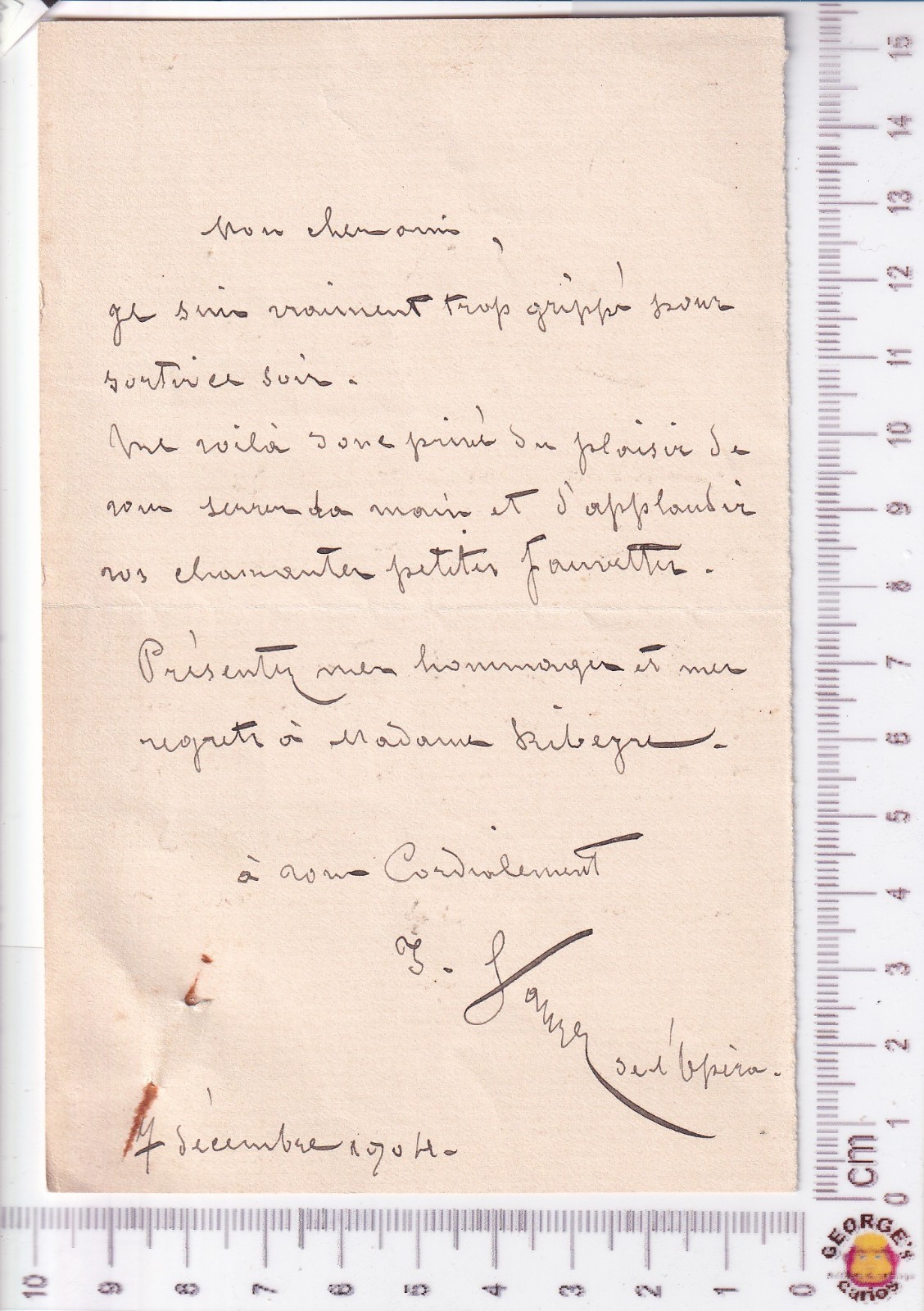 Jean‑Baptiste Faure ALS 1904 flu apology Private Musical Soirée, Delègue