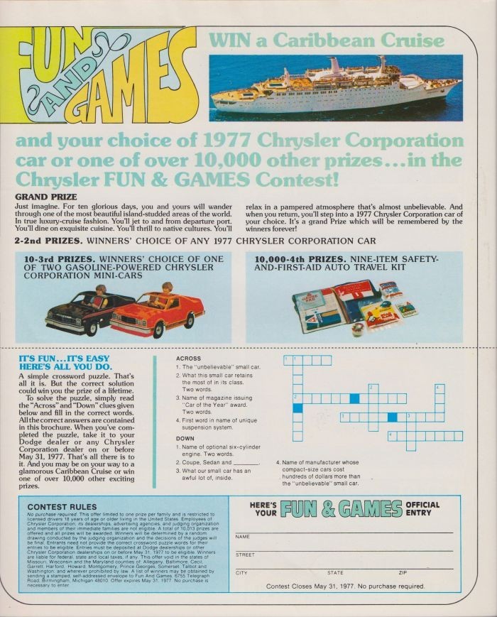 NOS 1977 DODGE Full-Line Coupon Sales Brochure Aspen R/T Charger 360 Mopar