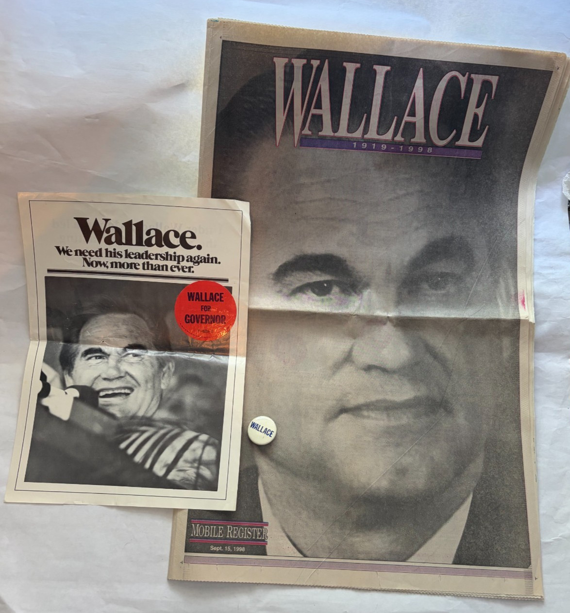 George Wallace Political 3 pc Lot Button Flyer Sticker 1998 Memorial Insert AL