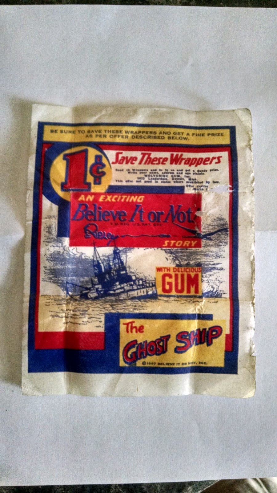 RARE 1937 Wolverine Gum Ripley's Believe It Or Not Original Card Wrapper Rar R21