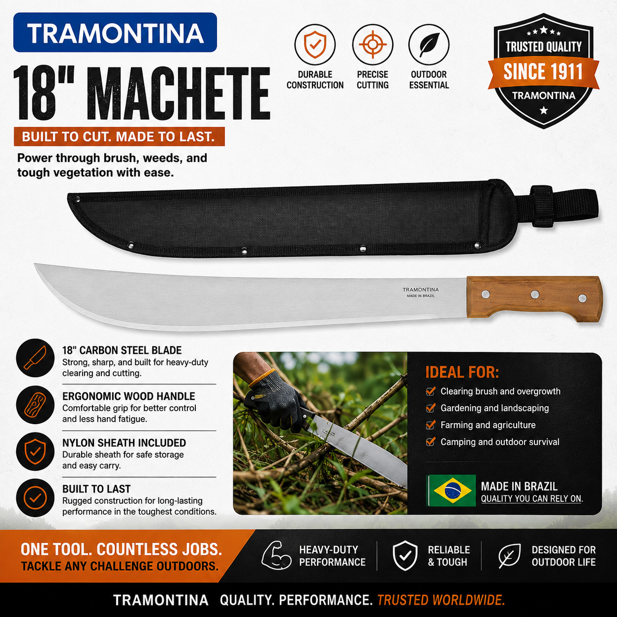Tramontina 18 in. Machete w/ Carbon Steel Blade & Wood Handle with Nylon Sheath