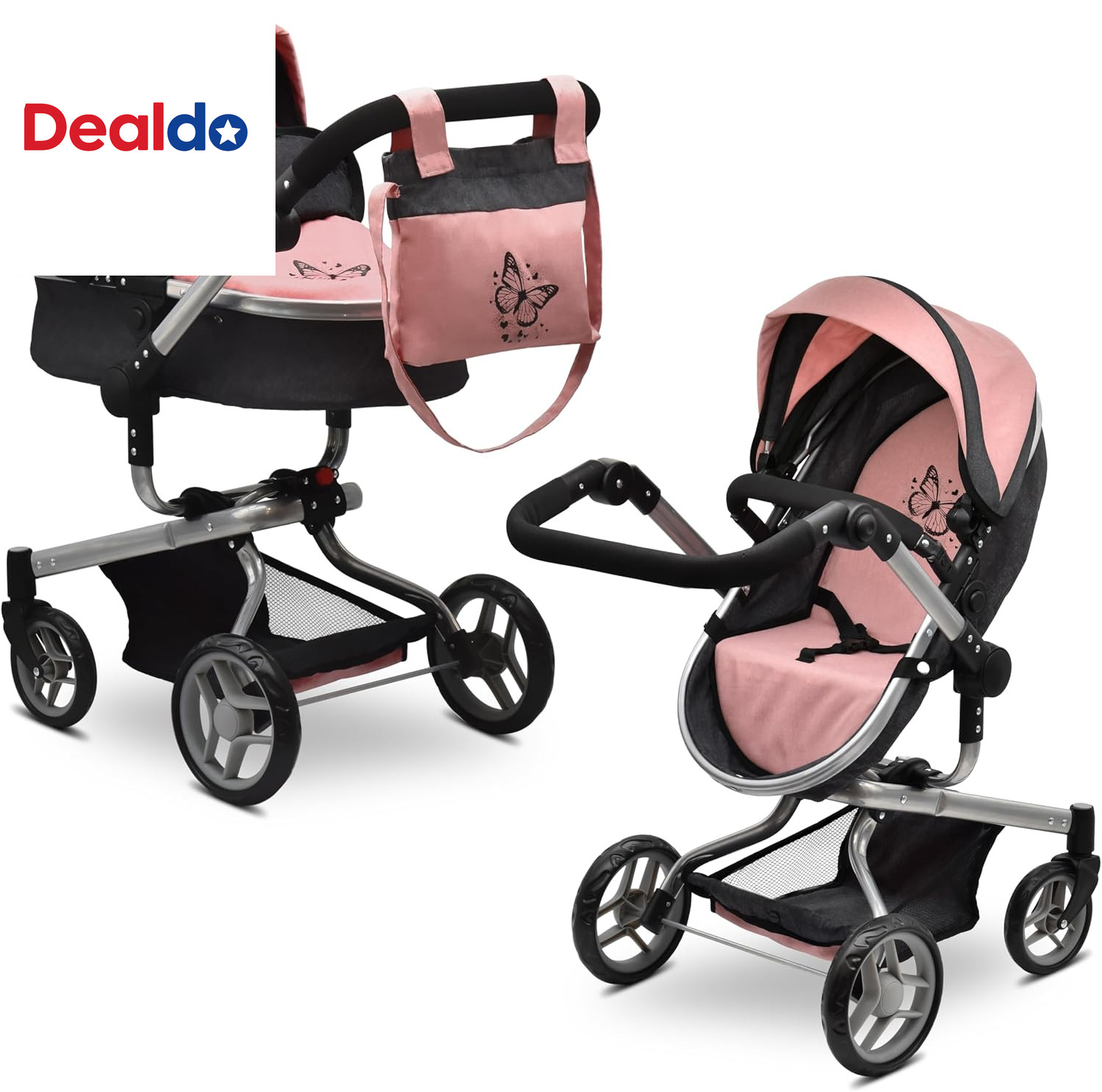Convertible Baby Doll Stroller 2 in 1 Pram Carriage with Bag Pink Convertible Baby Doll Stroller 2 in 1 Pram Carriage with Bag Pink