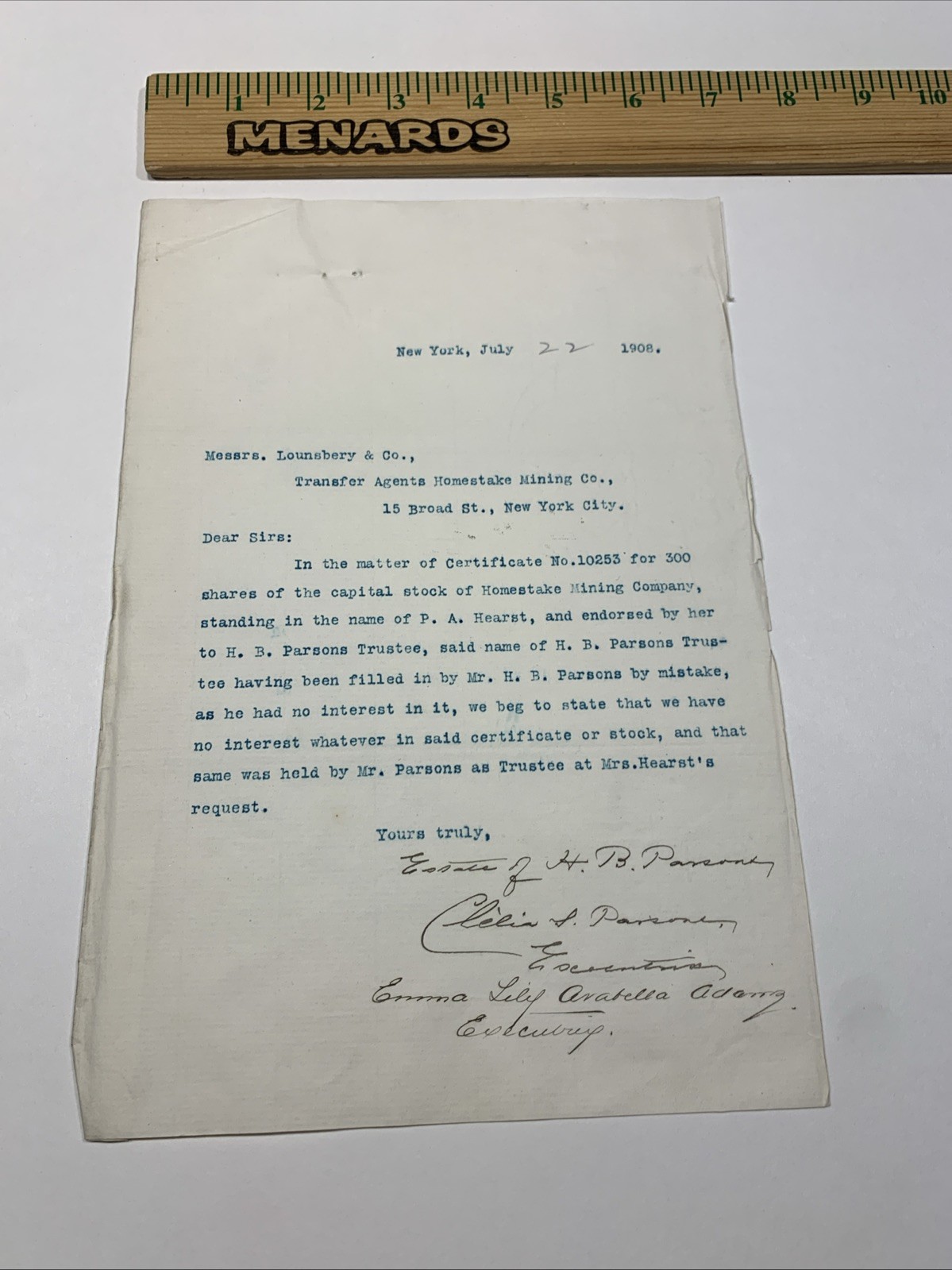Homestake Mining Co 1908 Letter Phoebe Hearst 300 Shares NY Gold Mine Rare Lead