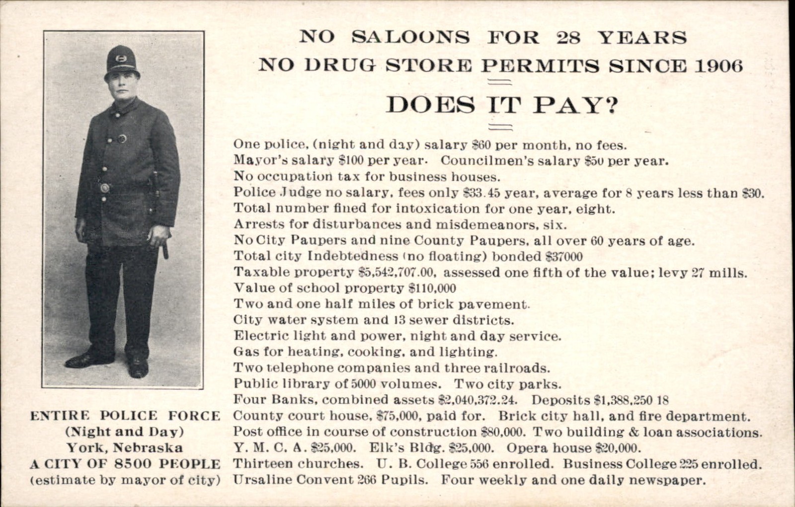 York NE Anti-Saloon Police Officer Boasting Safety Stats c1910 RARE Postcard bhn