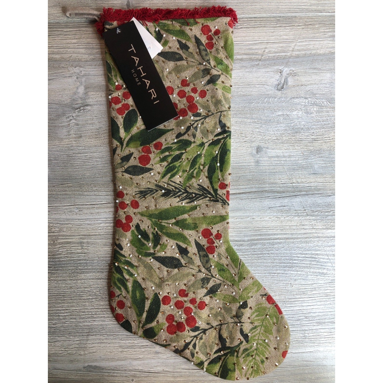 Tahari Home Mistletoe Beaded Christmas Holiday Stocking 22\