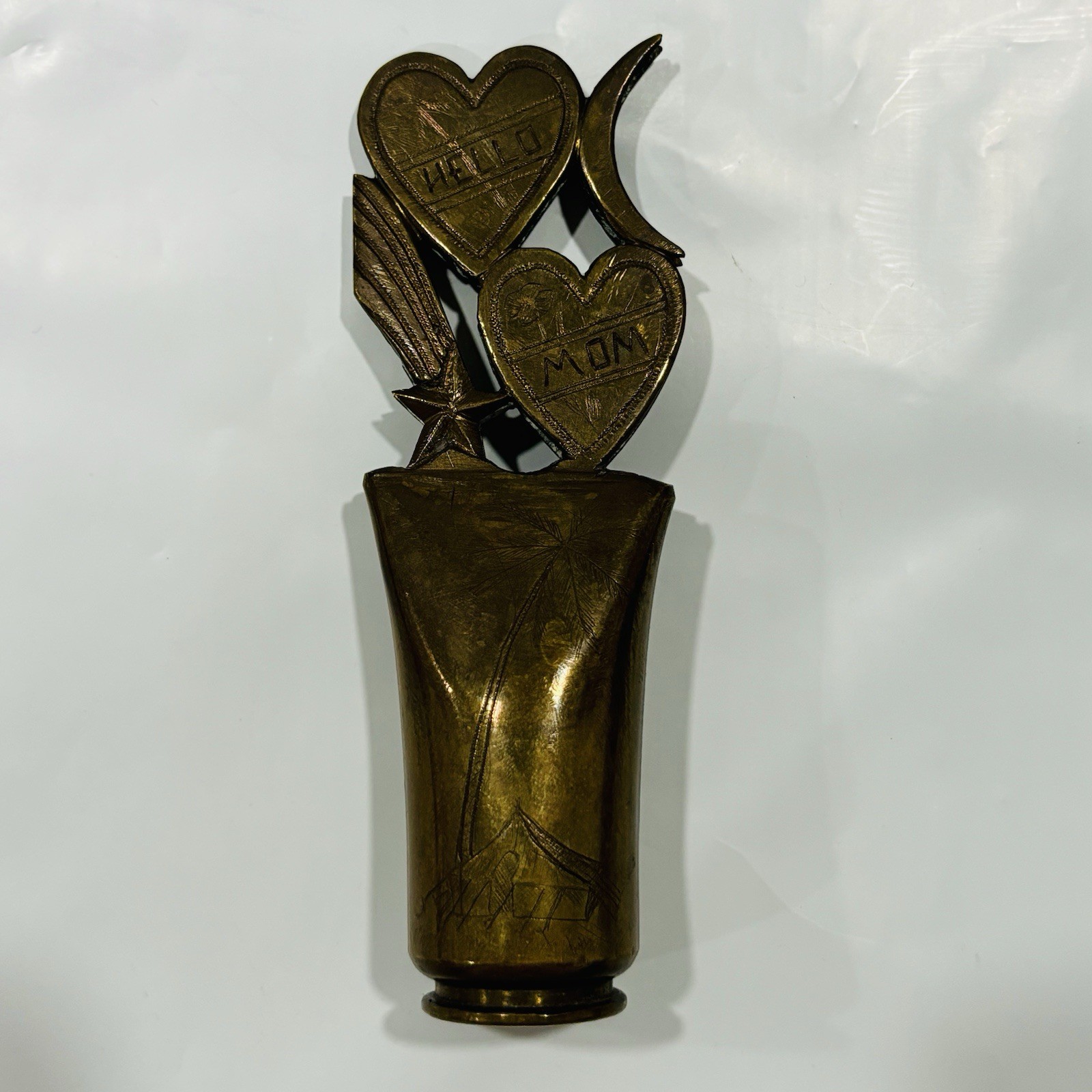 WW1I Trench Art Hello Mom 1942 20mm Etched Shell Case Vintage