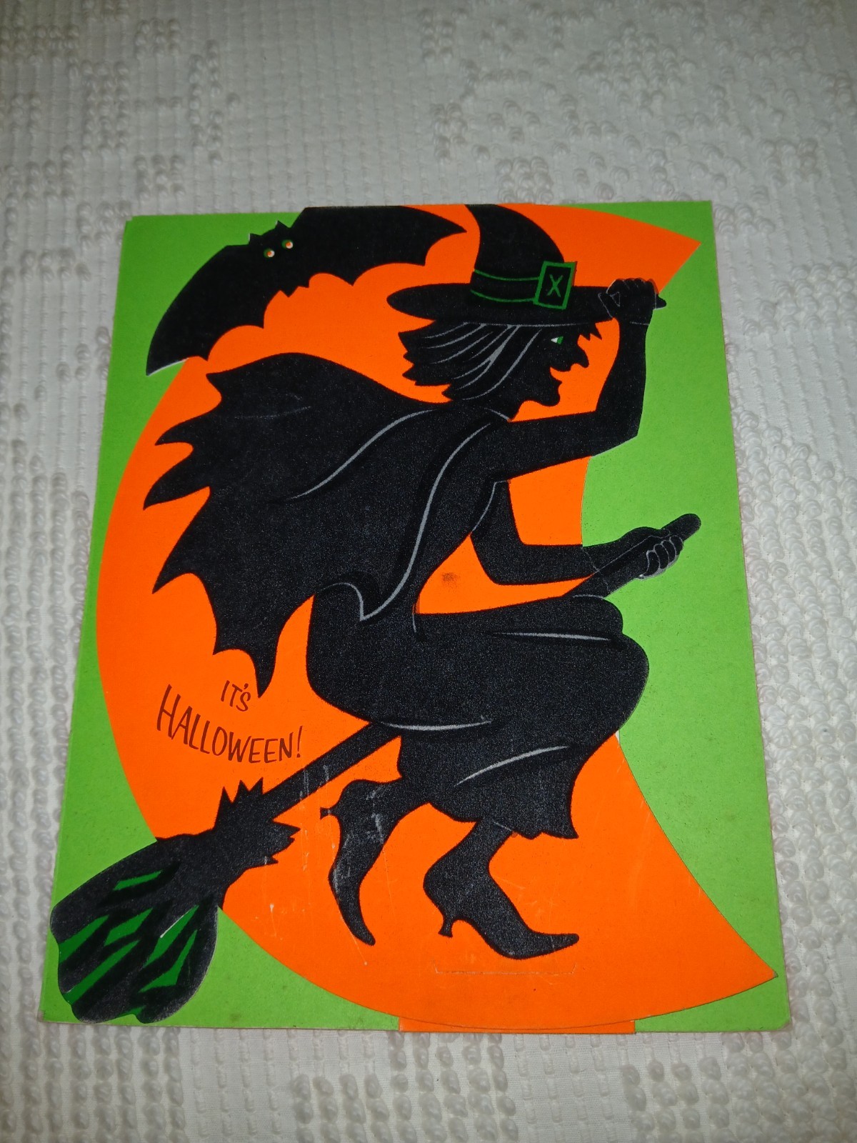 Vintage Halloween Flocked Large Greeting Card Witch with Broom Die Cut