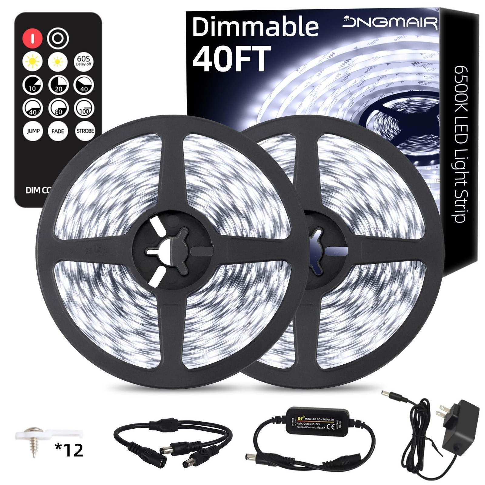 40ft LED Strip Light Dimmable with Remote, 6500K Daylight White | 720 LEDs, 1...