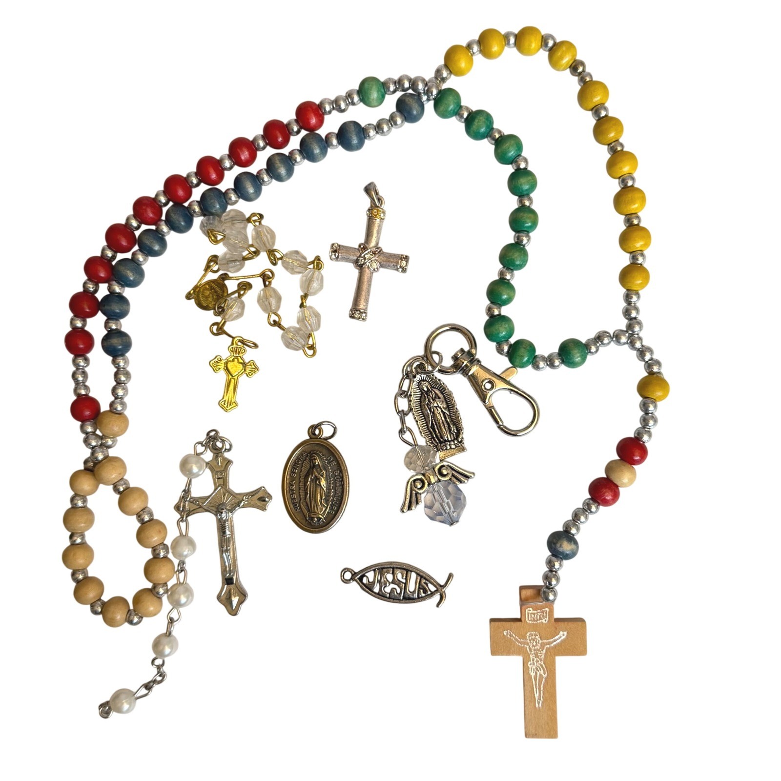Vintage Christian Lot Rosary Cross Pendant Guadalupe Medal Angel Keychain Crysta Vintage Christian Lot Rosary Cross Pendant Guadalupe Medal Angel Keychain Crysta