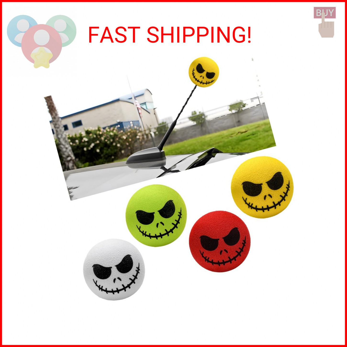 SHMZK 4 PCS Car Antenna Toppers, Funny Halloween Skull Spooky Smile Car Antenna