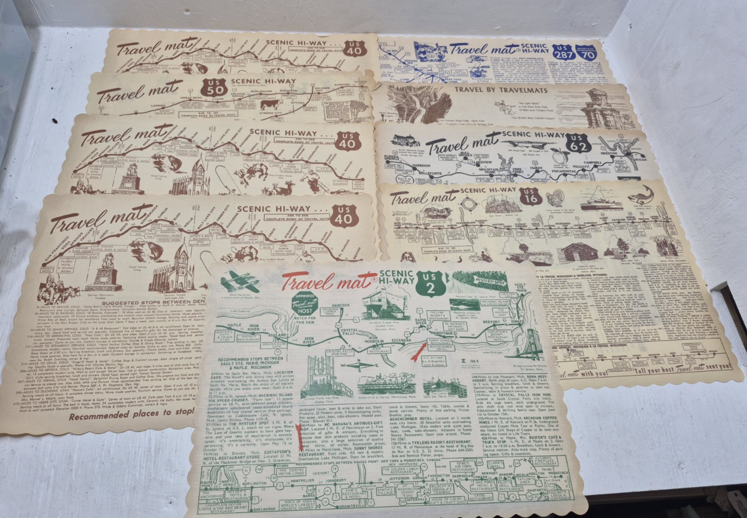 Lot of 9 Vintage Paper Travel Mat Souvenir Scenic Hi-Way US 40/2/16/62/50/287