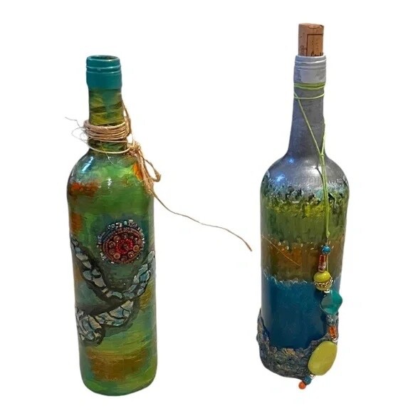 Pair Recycled Embellished Art Glass Wine Bottle Vase Turquoise Blue Bronze Pair Recycled Embellished Art Glass Wine Bottle Vase Turquoise Blue Bronze