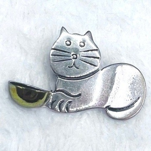 Vtg Taxco Mexico Sterling Silver Brass Brooch Cat Kitten Feline Figural 6g 1.5'
