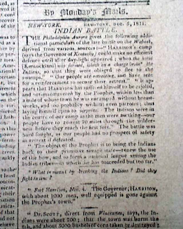 BATTLE OF TIPPECANOE Indiana William Henry Harrison Indians 1811 old Newspaper