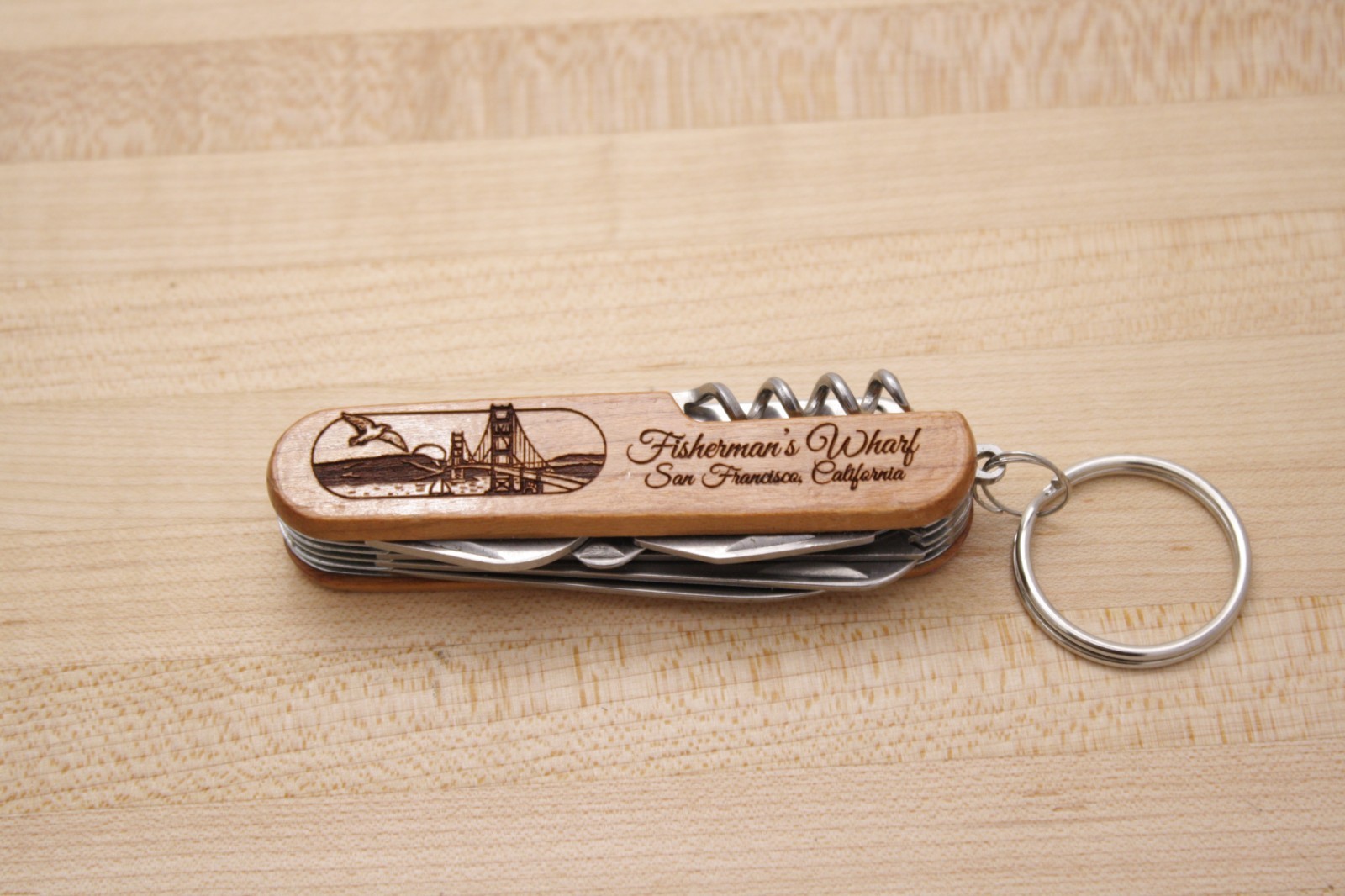 Fisherman\'s Wharf S.F. Wood Handle Souvenir Pocket Knife Multi Tool w/Dad Engrav