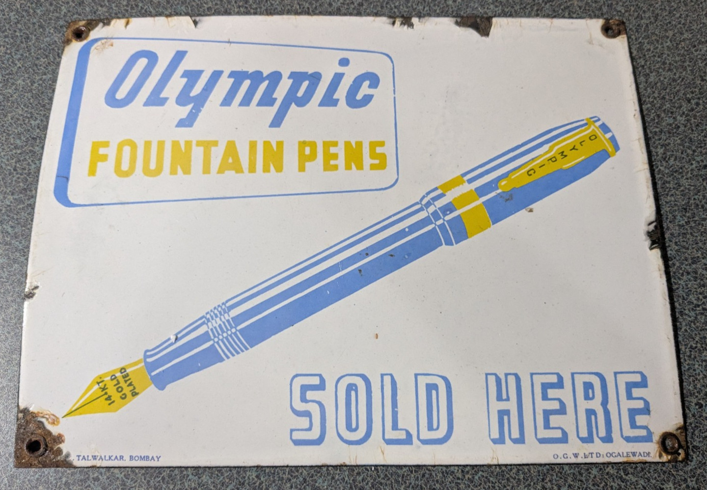 VTG White Metal Olympic Fountain Pens Sold  Advertising Sign Plaque porcelain