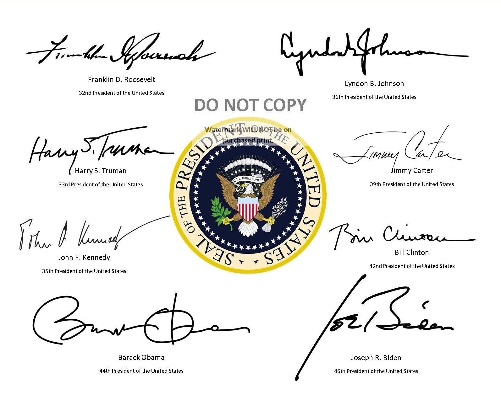 PRESIDENTIAL SEAL WITH SIGNATURES OF THE LAST 8 DEMOCRATIC PRESIDENTS 8X10 PHOTO