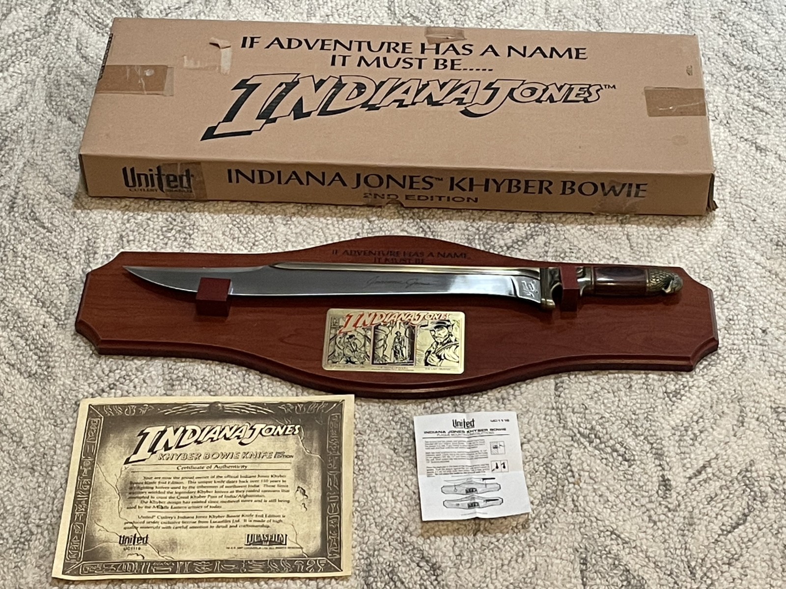 Vtg United Cutlery Indiana Jones Khyber Bowie Knife 2nd Ed UC1119 Plaque COA Box