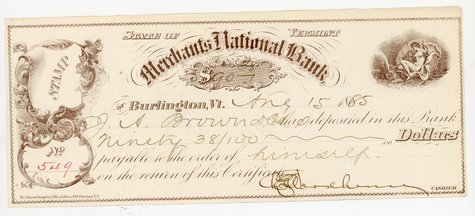 1885 Burlington VT Merchants National Bank Certificate of Deposit $90.38 Antique