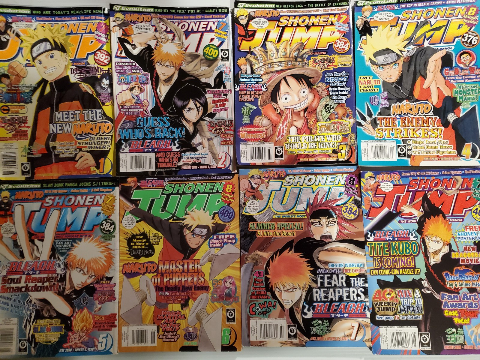 Shonen Jump Manga Magazine Lot. All of 2008. 11 of 2009. Many cards. 23 total.