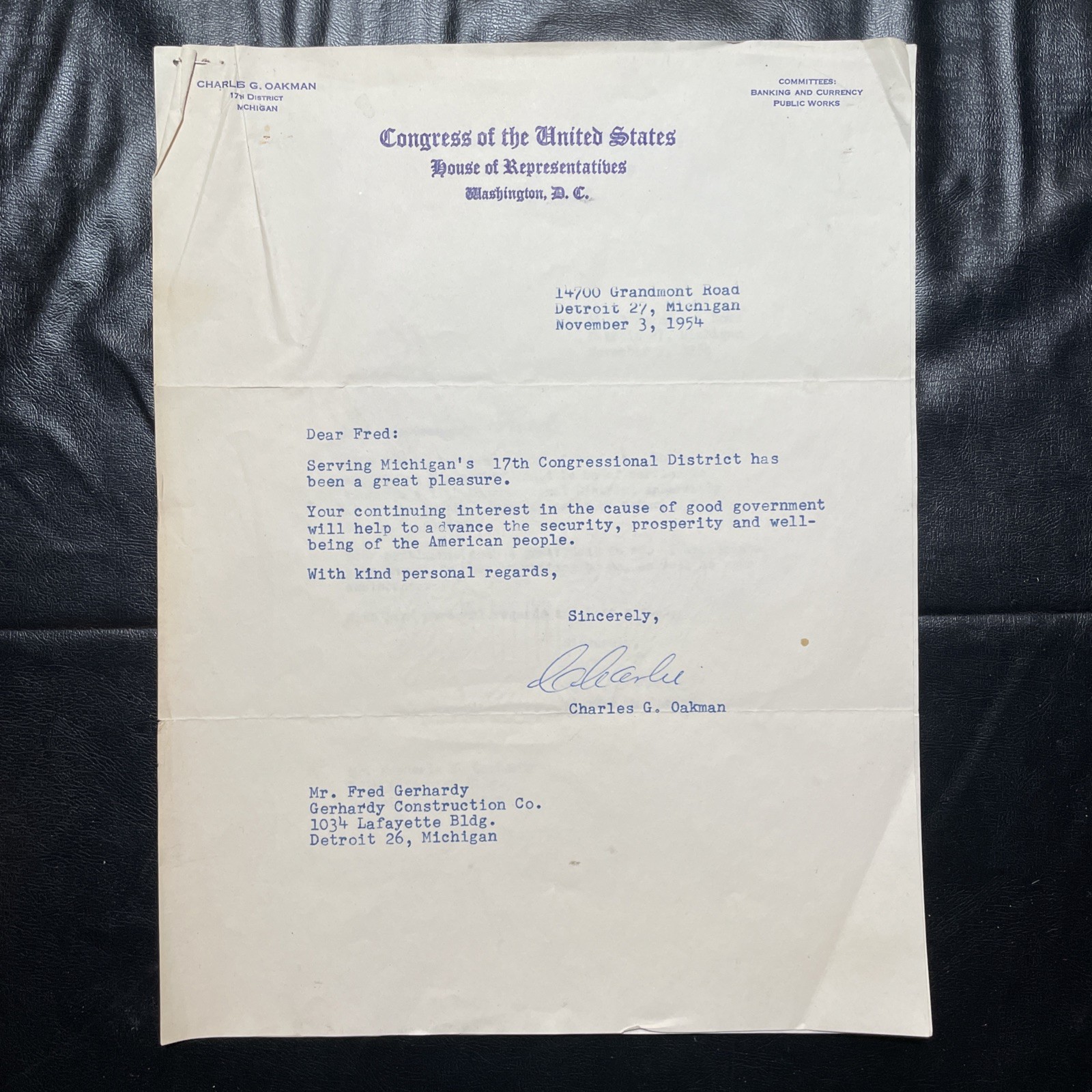 Vtg. Rare 1954 Charles G. Oakman Signature House Of Representatives Letter Head