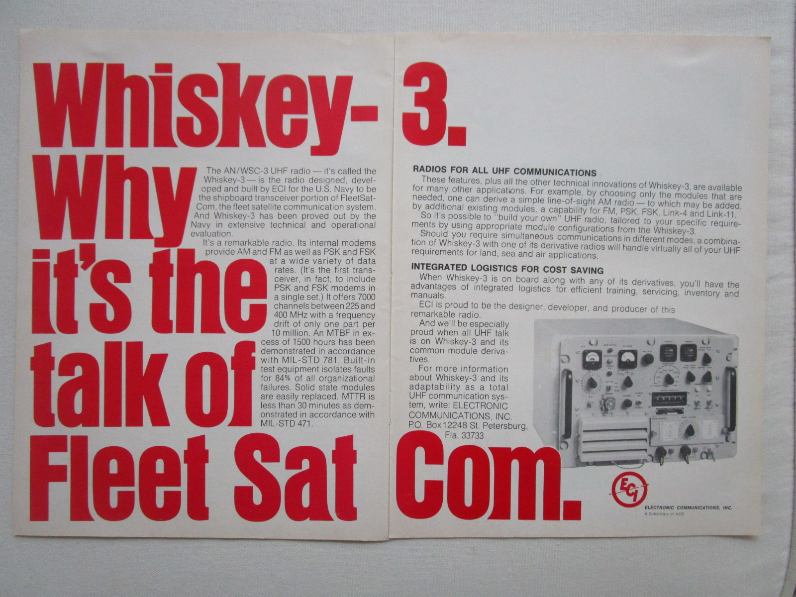 11/1973 PUB ECI ELECTRONIC COMMUNICATIONS AN/WSC-3 FLEET SATCOM NAVY ORIGINAL AD