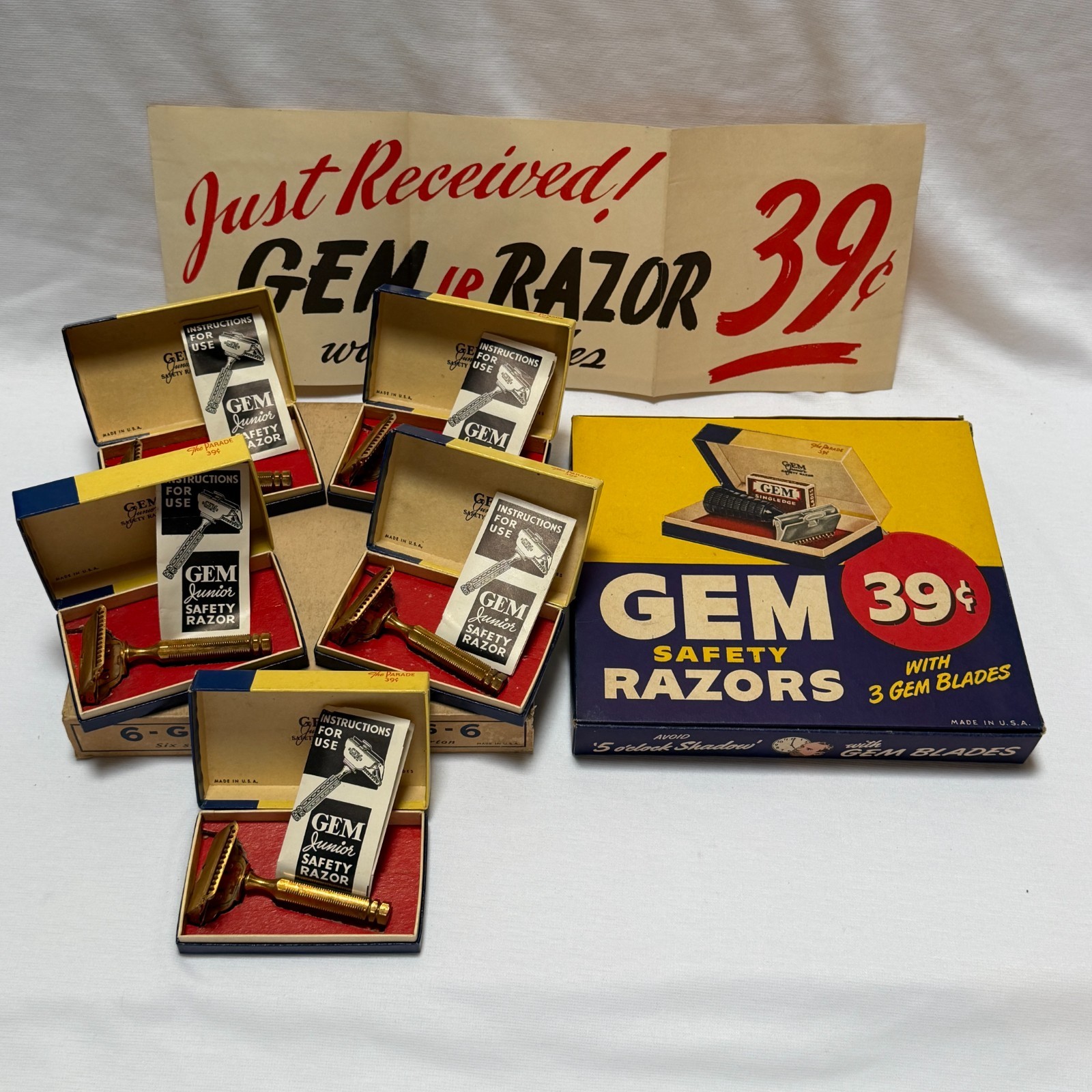 Vintage GEM Junior Razors in Counter Display Vending Carton Brass Handles