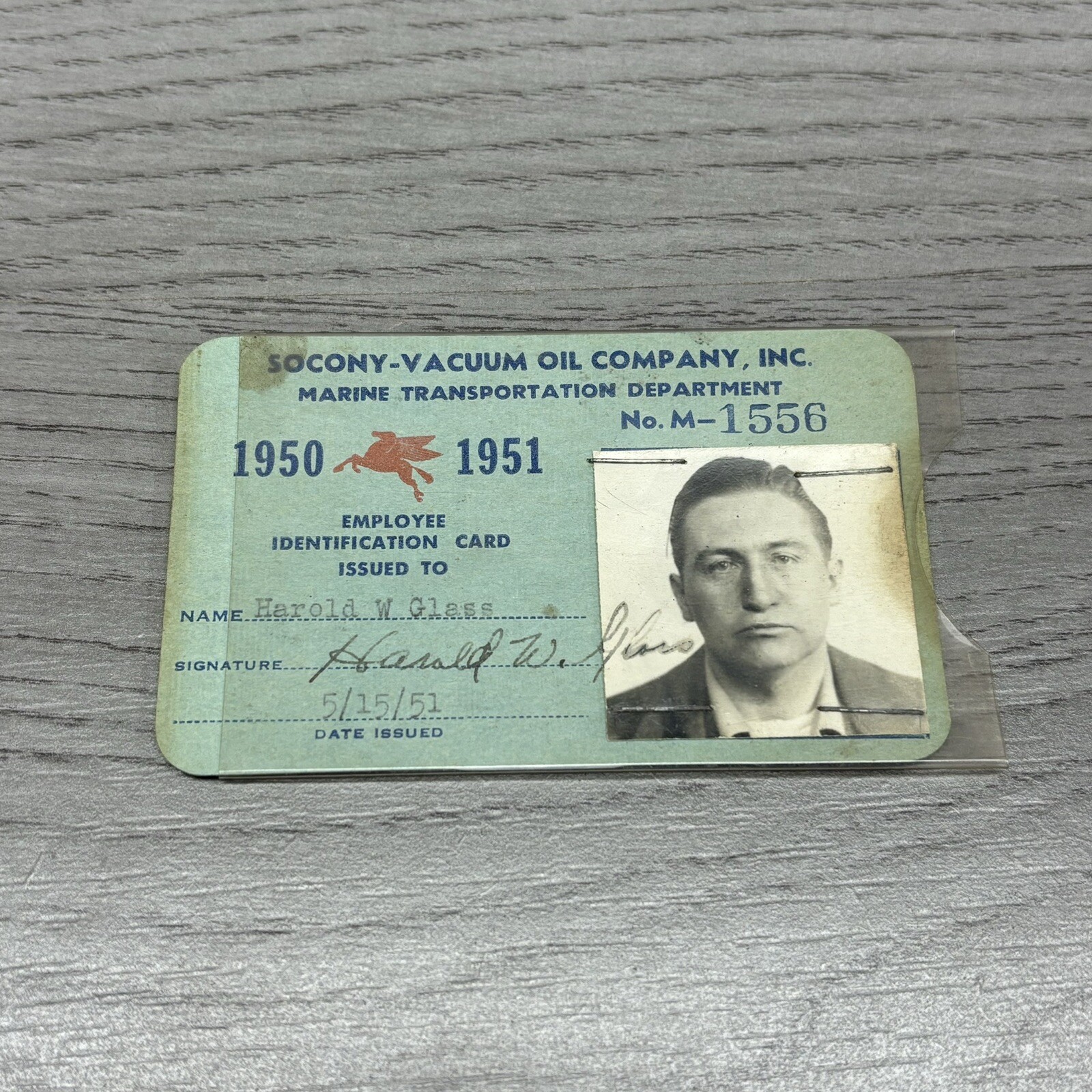 Vintage 1951 SOCONY VACUUM Oil Company Employee PHOTO ID card Olean NY Pegasus