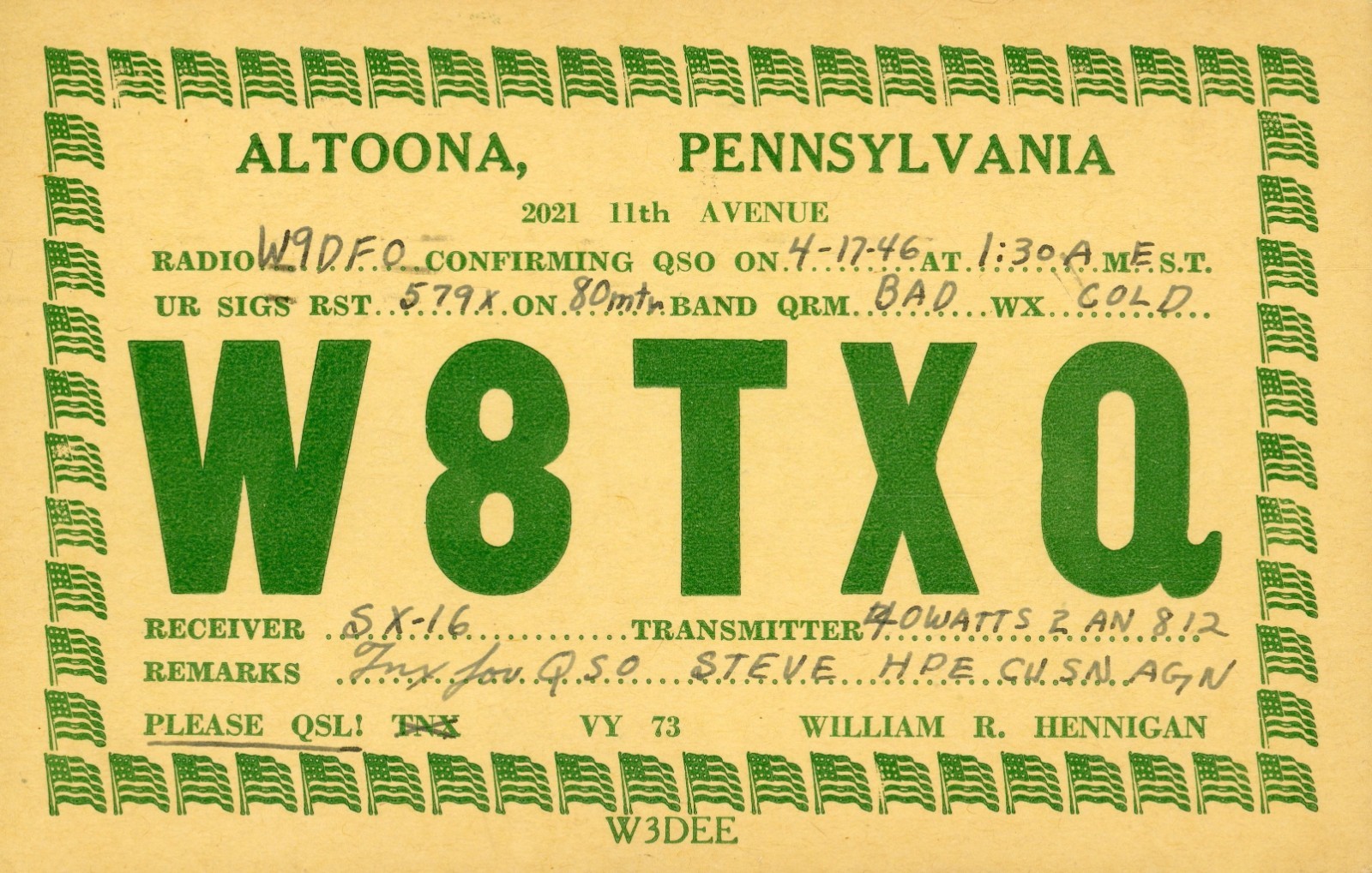 Vintage Amateur Radio QSL Postcard, 1946, W8TXQ, Altoona, PA, Scott#804