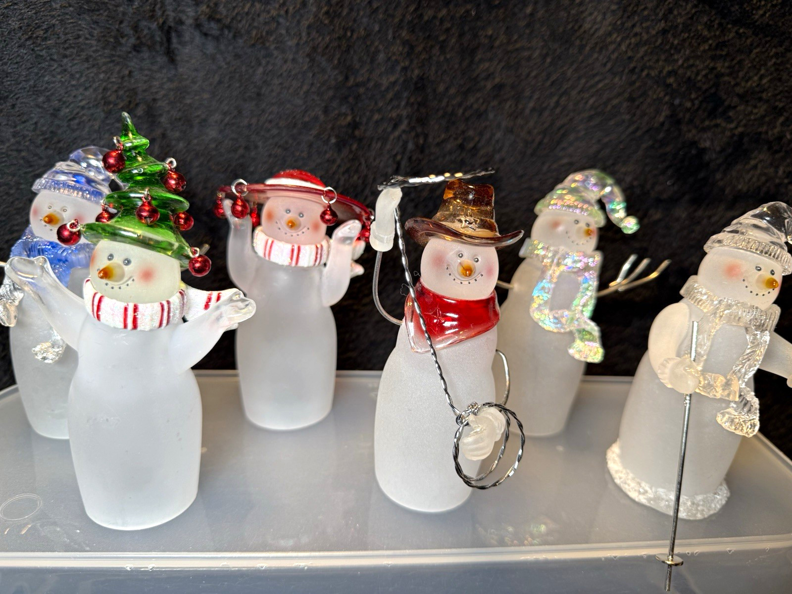 Vintage Set of 6 Frosted Glass-Crystal Snowman Figurines w/ Metal Wire Arms 5”