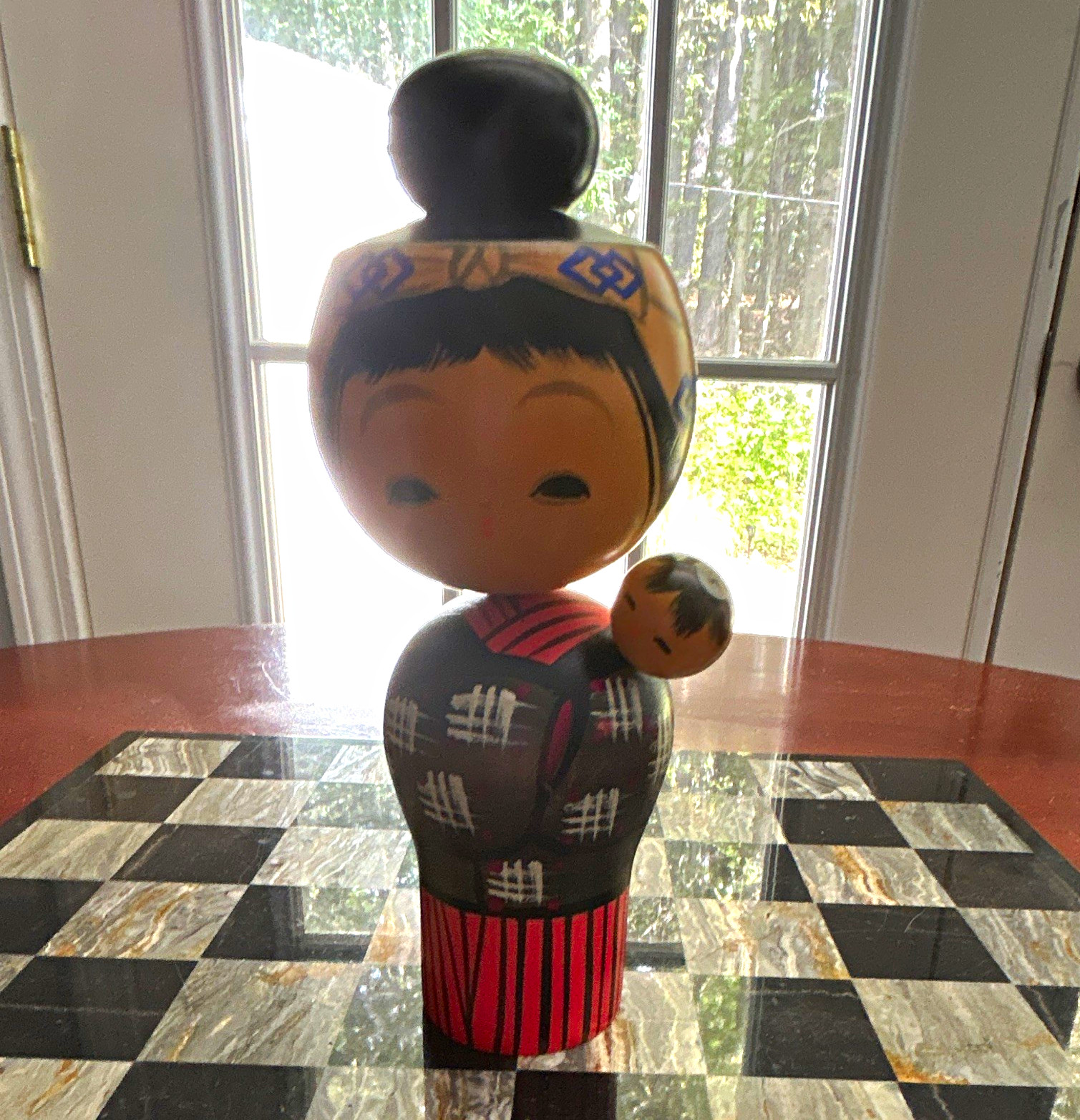 Japanese Kokeshi Wooden Doll Figurine Mother & Child Black/Red Kimono 7in Japanese Kokeshi Wooden Doll Figurine Mother & Child Black/Red Kimono 7in