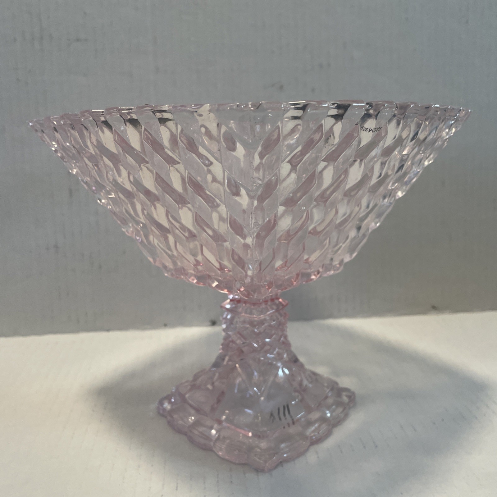 Vintage  Etched Glass Diamond Weave Pedestal/compote Dish - Light Pink 7” Tall