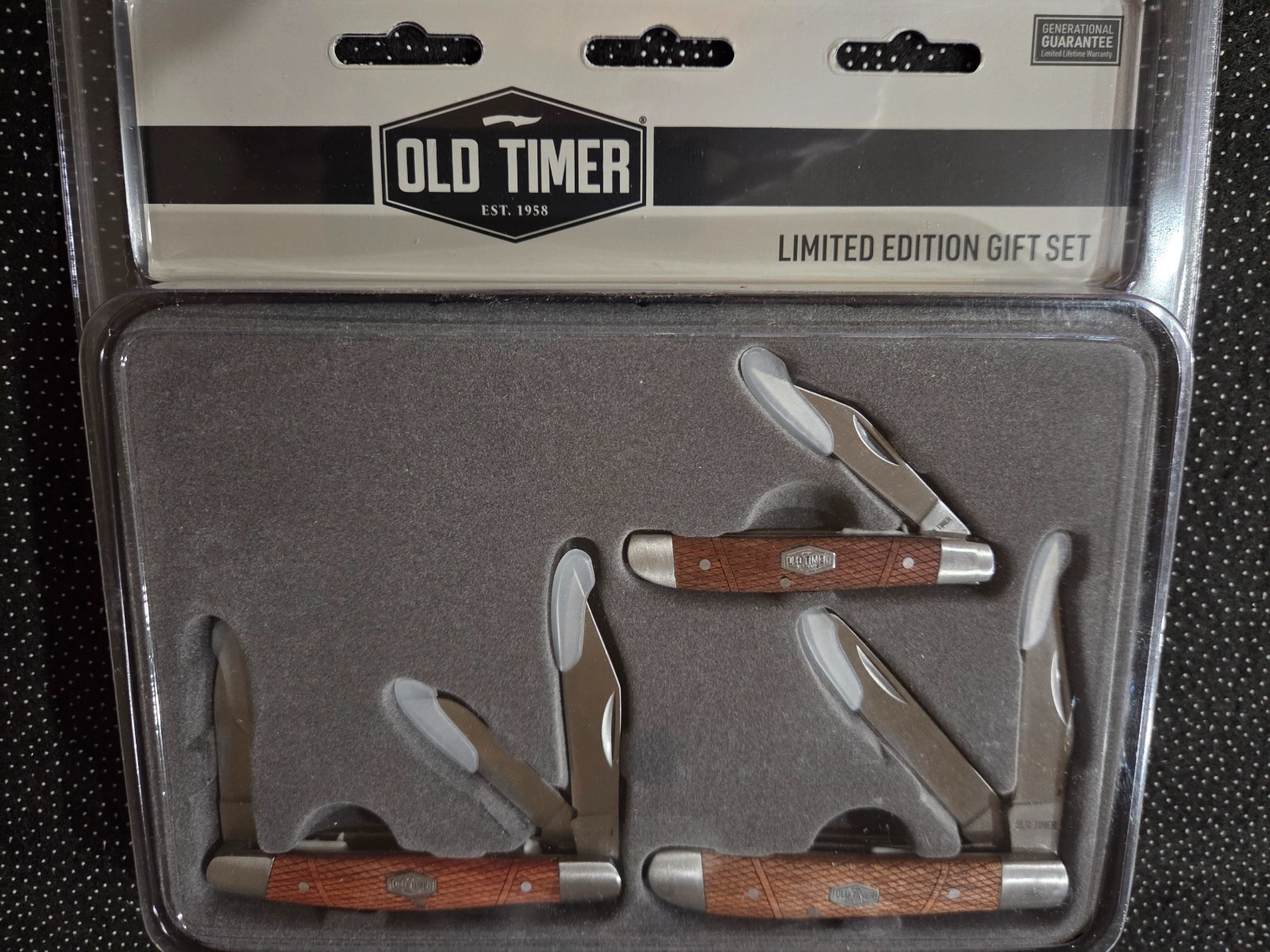 SCHRADE - OLD TIMER  3 pc FOLDER SET + GIFT TIN - WOOD HANDLES + S/STEEL BLADES