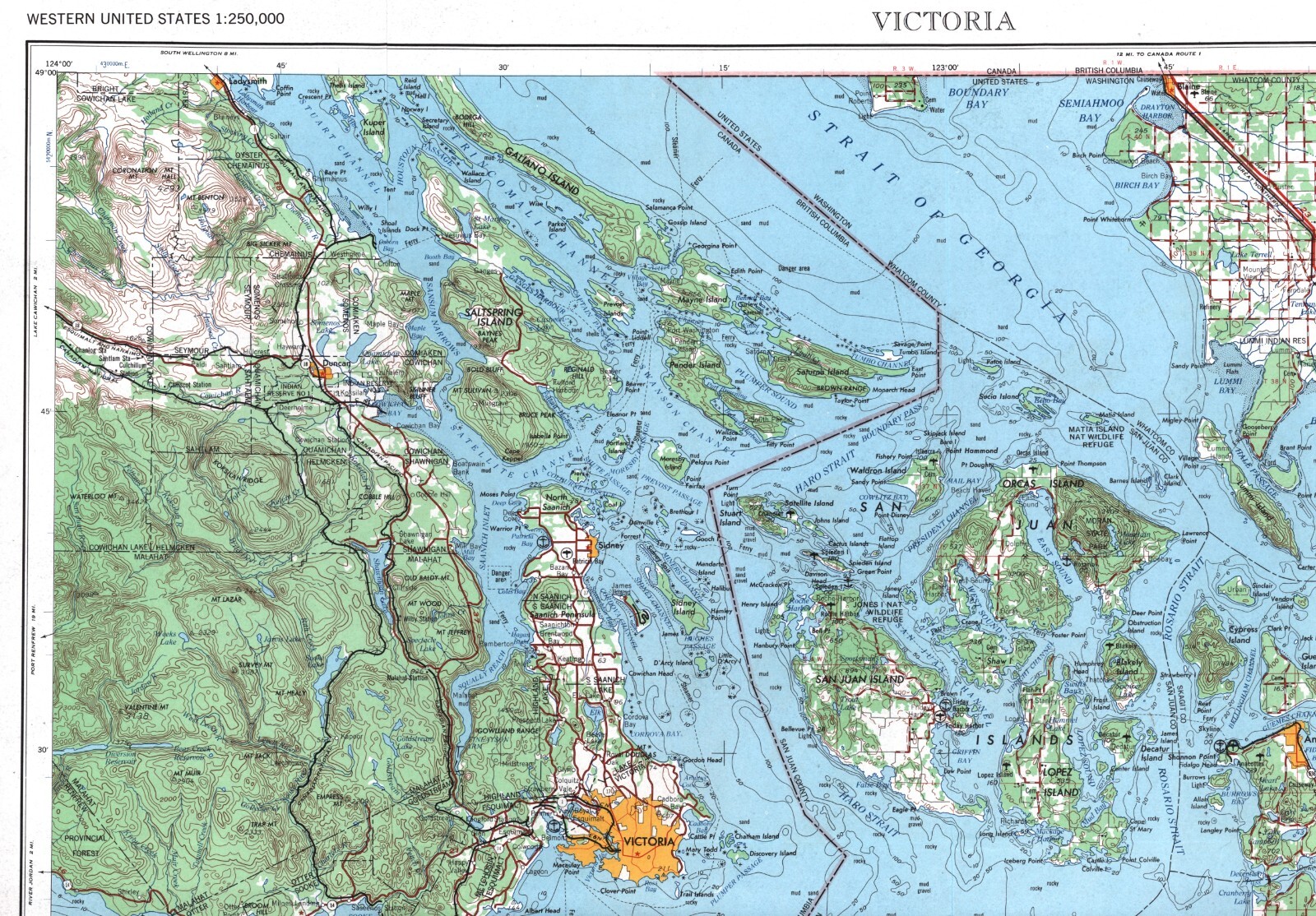 Victoria, British Columbia-Washington 1966 Topo Map US Army USGS 1:250000 Scale